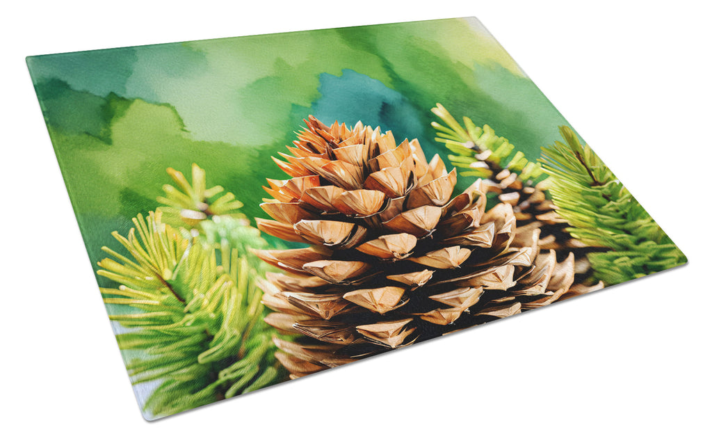 Maine White Pine Cone and Tassels in Watercolor Cutting Board Tempered Glass Kitchen Surface, Heat Resistant Chopping with Non-Slip Feet,Food Prep & Serving