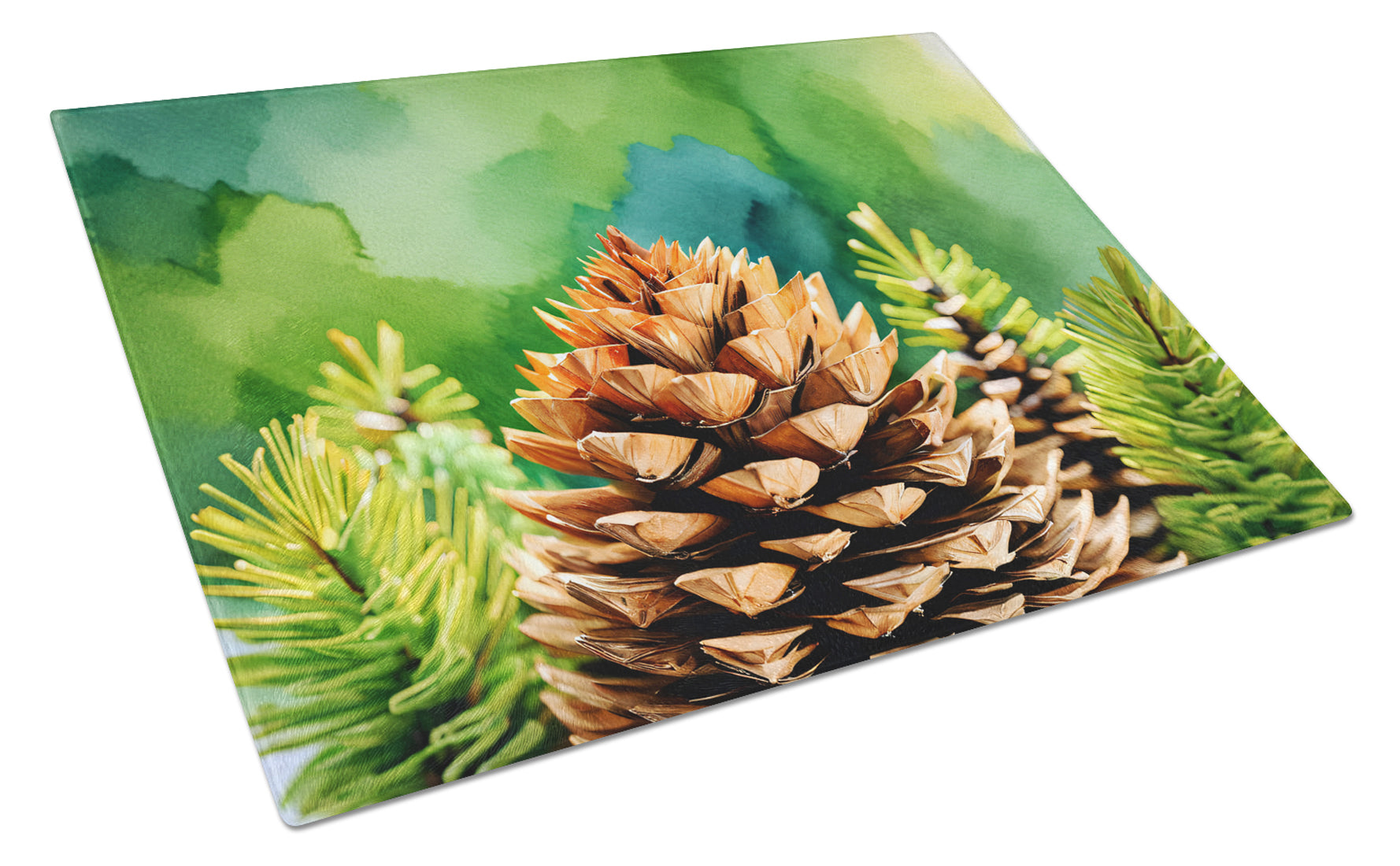 Maine White Pine Cone and Tassels in Watercolor Cutting Board Tempered Glass Kitchen Surface, Heat Resistant Chopping with Non-Slip Feet,Food Prep & Serving