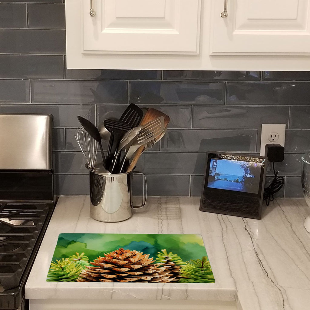 Maine White Pine Cone and Tassels in Watercolor Cutting Board Tempered Glass Kitchen Surface, Heat Resistant Chopping with Non-Slip Feet,Food Prep & Serving