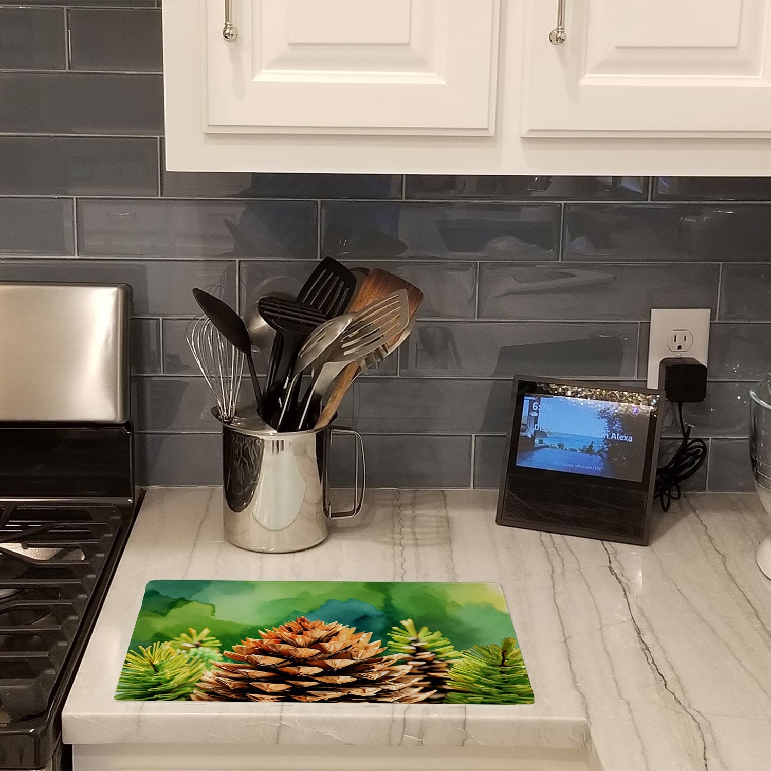 Maine White Pine Cone and Tassels in Watercolor Cutting Board Tempered Glass Kitchen Surface, Heat Resistant Chopping with Non-Slip Feet,Food Prep & Serving