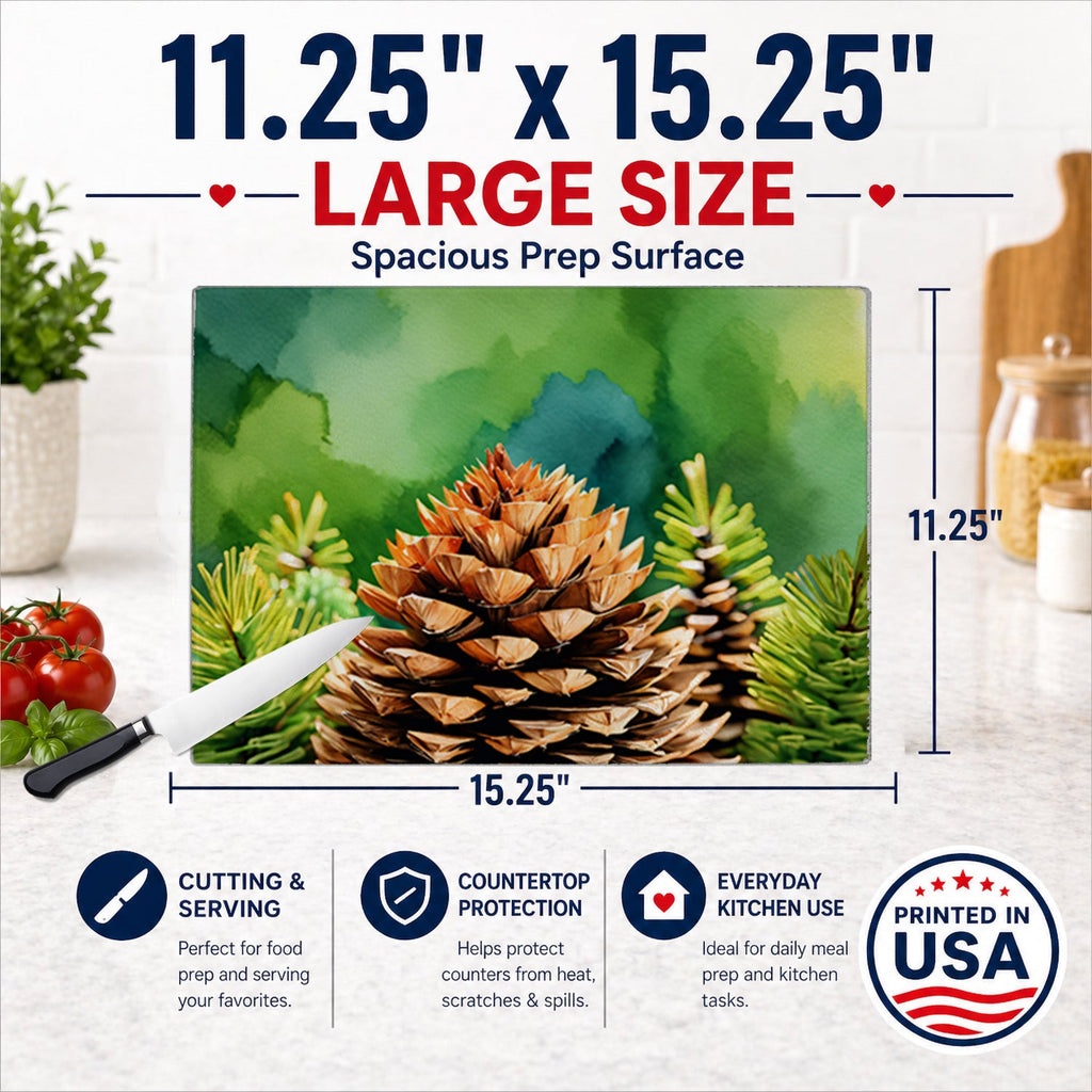Maine White Pine Cone and Tassels in Watercolor Cutting Board Tempered Glass Kitchen Surface, Heat Resistant Chopping with Non-Slip Feet,Food Prep & Serving