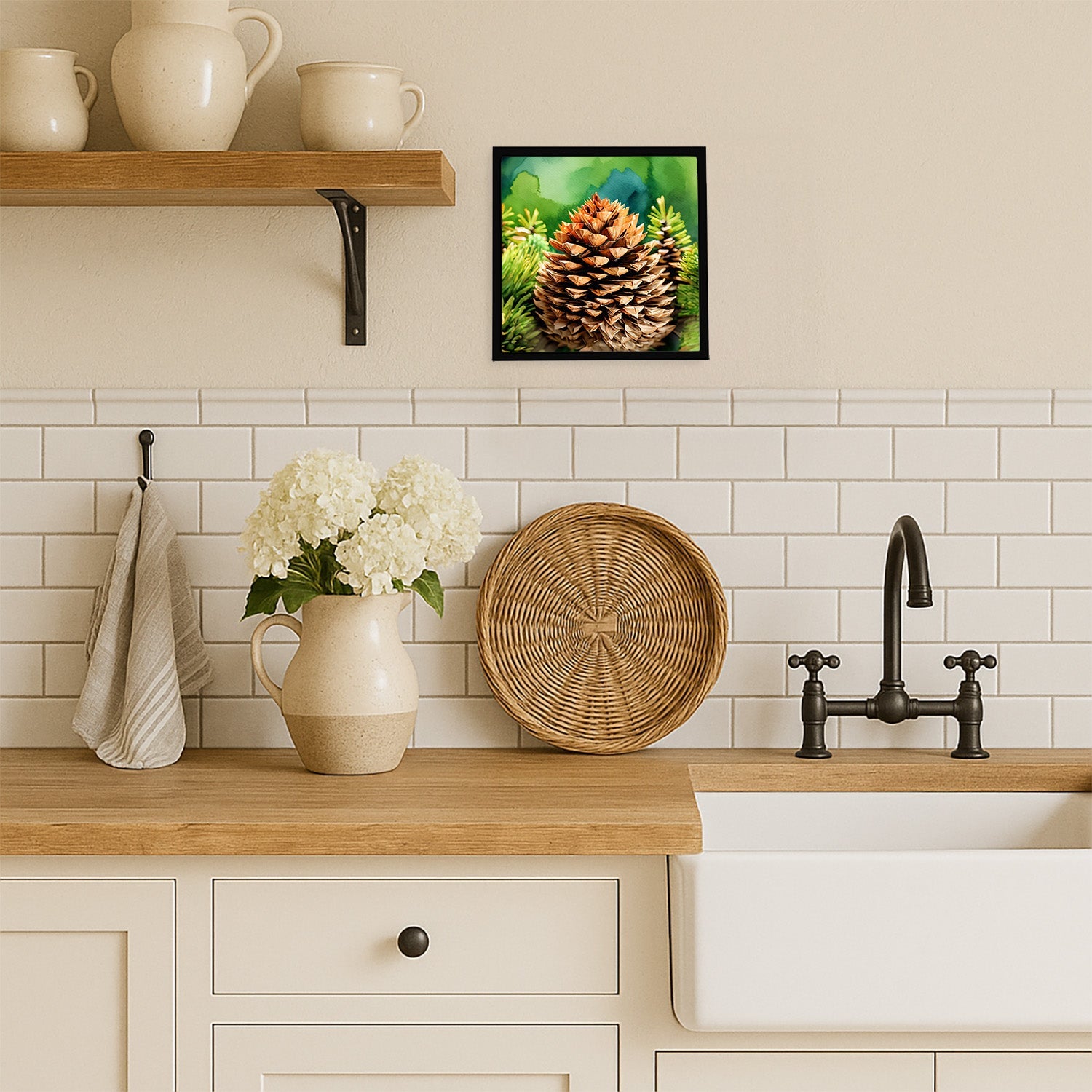 Maine White Pine Cone and Tassels in Watercolor Framed Metal Print Bathroom, Kitchen, Office, Home Decor Wall Art Ready to Hang, Square, 8X8