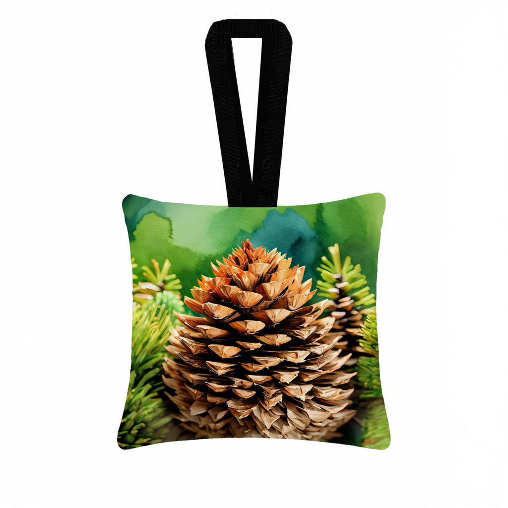 Maine White Pine Cone and Tassels in Watercolor Hanging Square Fabric Ornament 3.5 × 3.5 Decorative Door-Knob & Tree Hanger, Soft Fabric