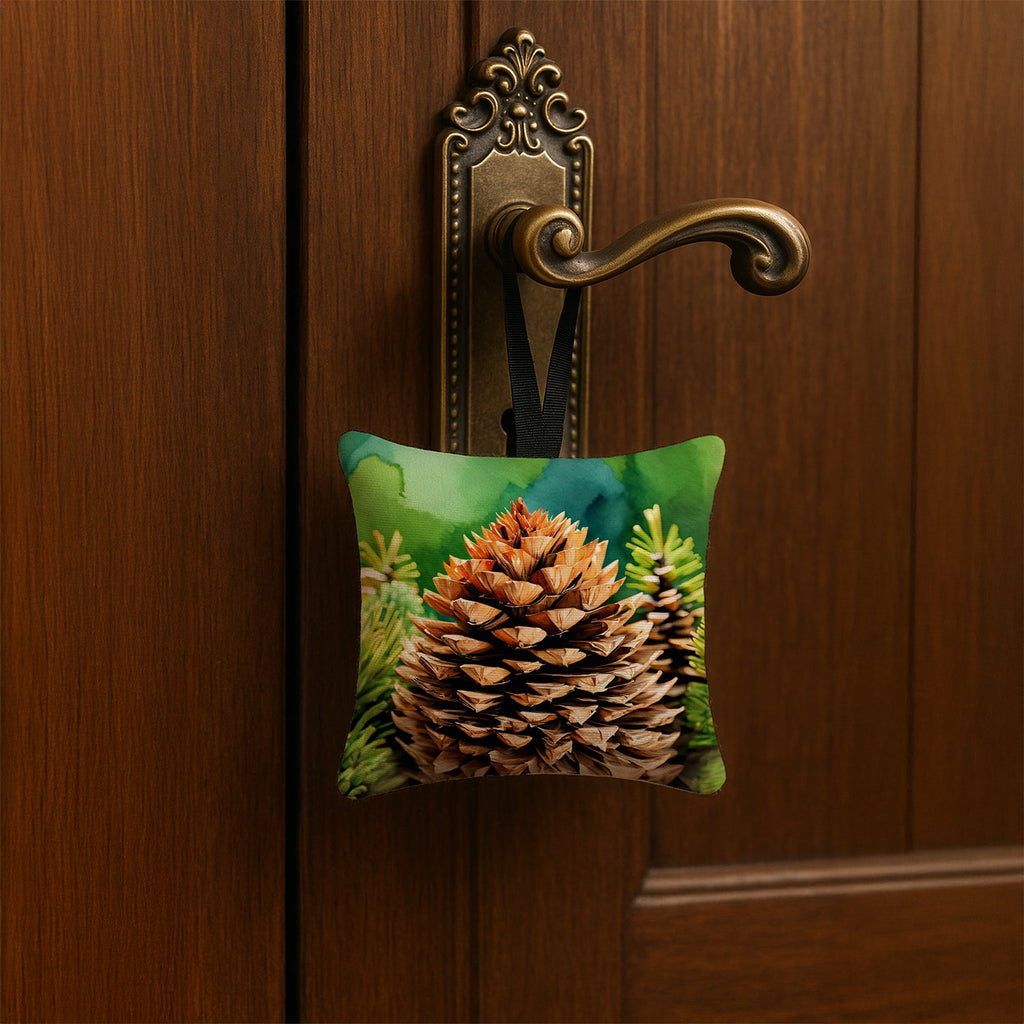 Maine White Pine Cone and Tassels in Watercolor Hanging Square Fabric Ornament 3.5 × 3.5 Decorative Door-Knob & Tree Hanger, Soft Fabric