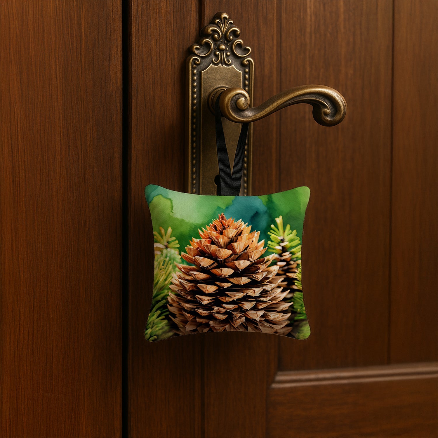 Maine White Pine Cone and Tassels in Watercolor Hanging Square Fabric Ornament 3.5 × 3.5 Decorative Door-Knob & Tree Hanger, Soft Fabric