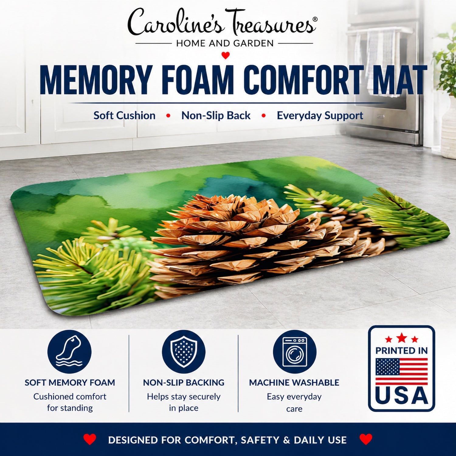 Maine White Pine Cone and Tassels in Watercolor Memory Foam Kitchen Mat Machine Washable Anti-Fatigue Cushion Comfort Bath or Kitchen Rug