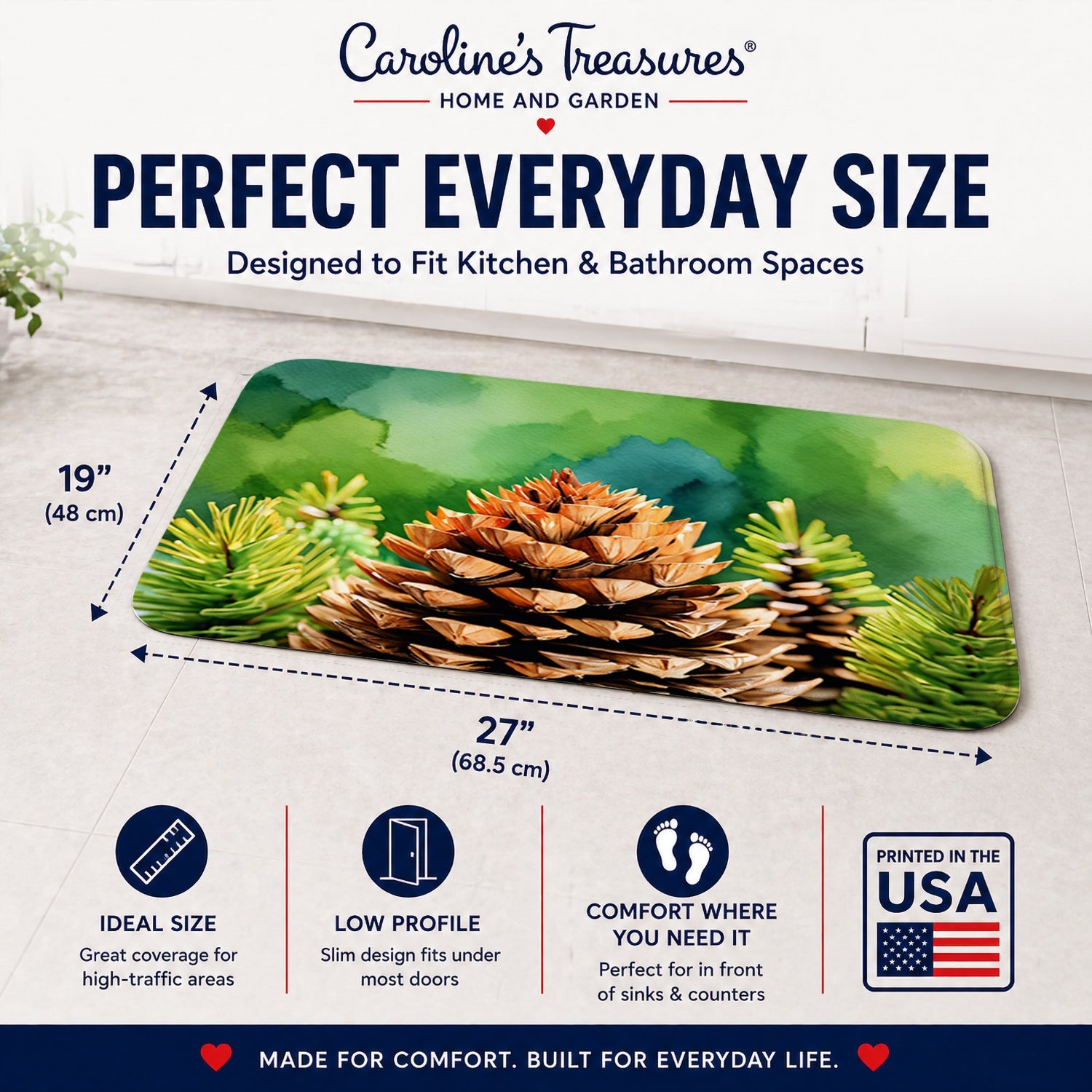 Maine White Pine Cone and Tassels in Watercolor Memory Foam Kitchen Mat Machine Washable Anti-Fatigue Cushion Comfort Bath or Kitchen Rug