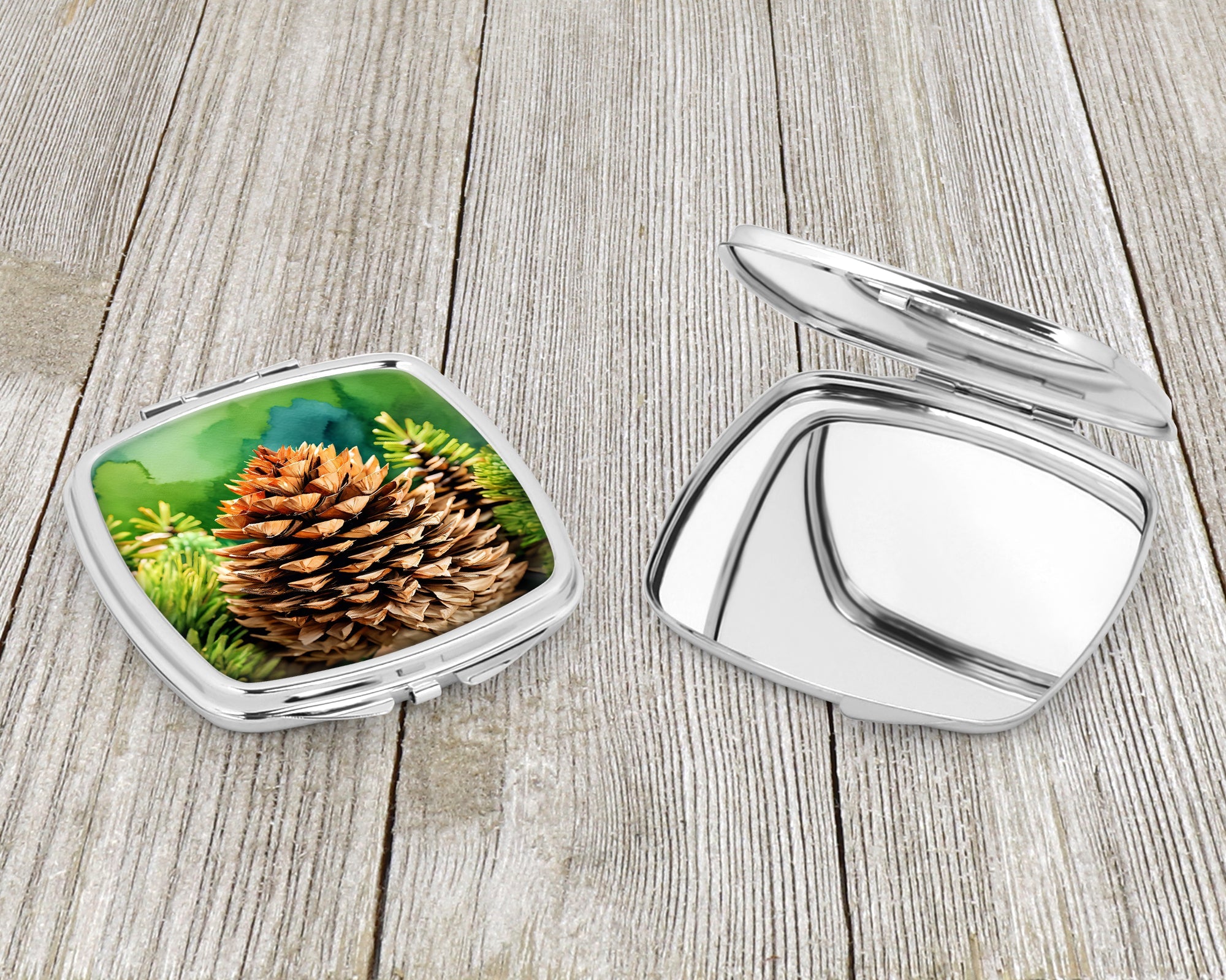 Maine White Pine Cone and Tassels in Watercolor Compact Mirror Decorative Travel Makeup Mirror for Women Girls Gifts Pocket Makeup Mirror Folding Handheld