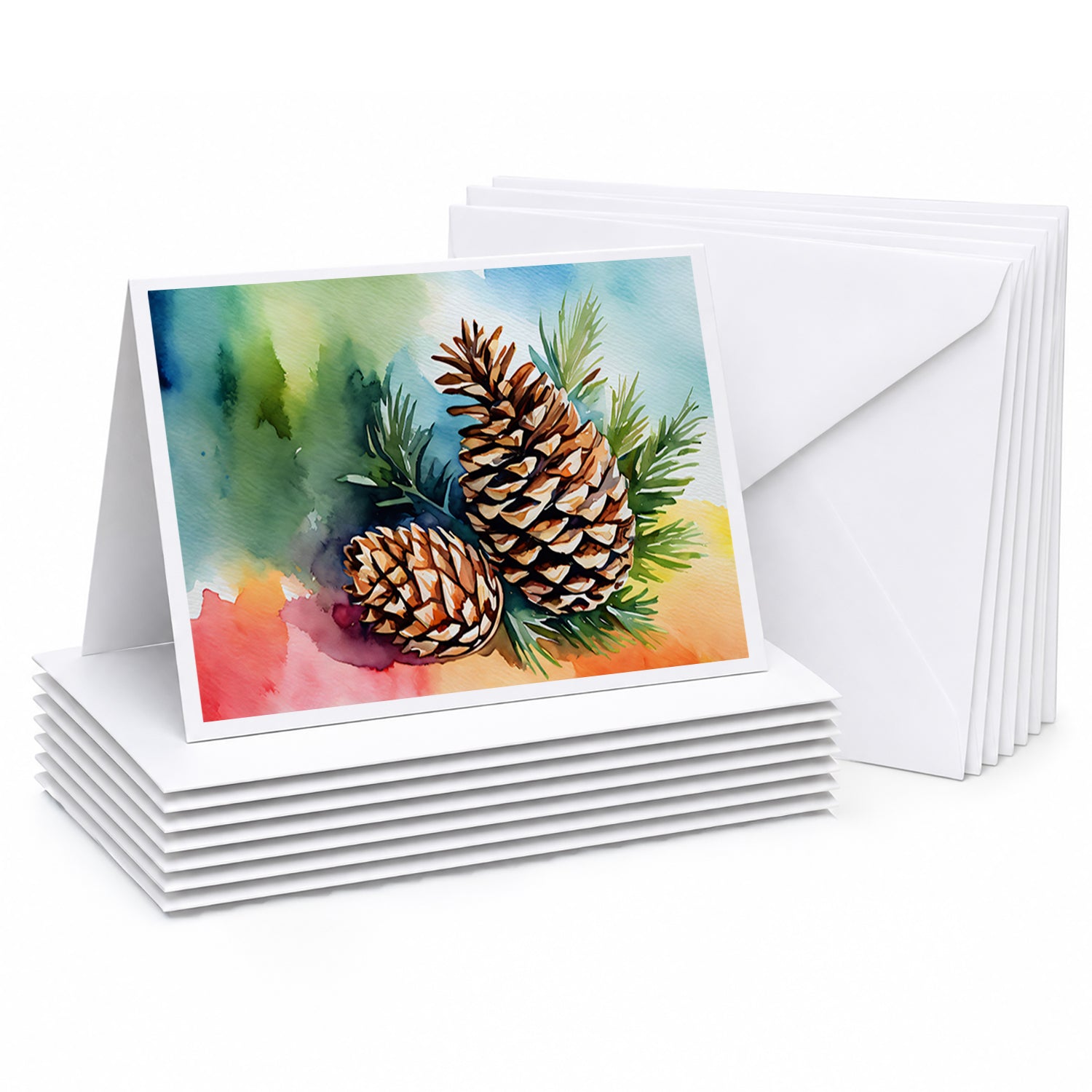 Maine White Pine Cone and Tassels in Watercolor Greeting Cards Pack of 8 Blank Cards with Envelopes Whimsical A7 Size 5x7