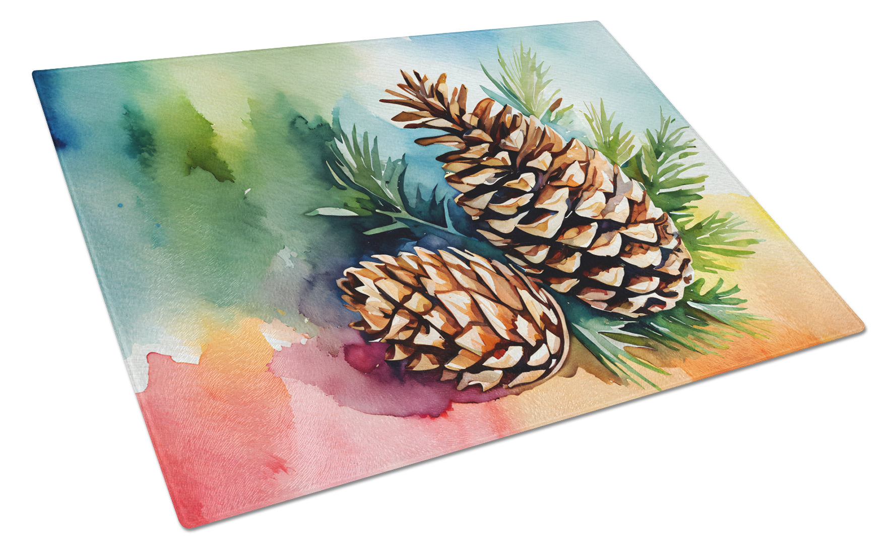 Maine White Pine Cone and Tassels in Watercolor Cutting Board Tempered Glass Kitchen Surface, Heat Resistant Chopping with Non-Slip Feet,Food Prep & Serving