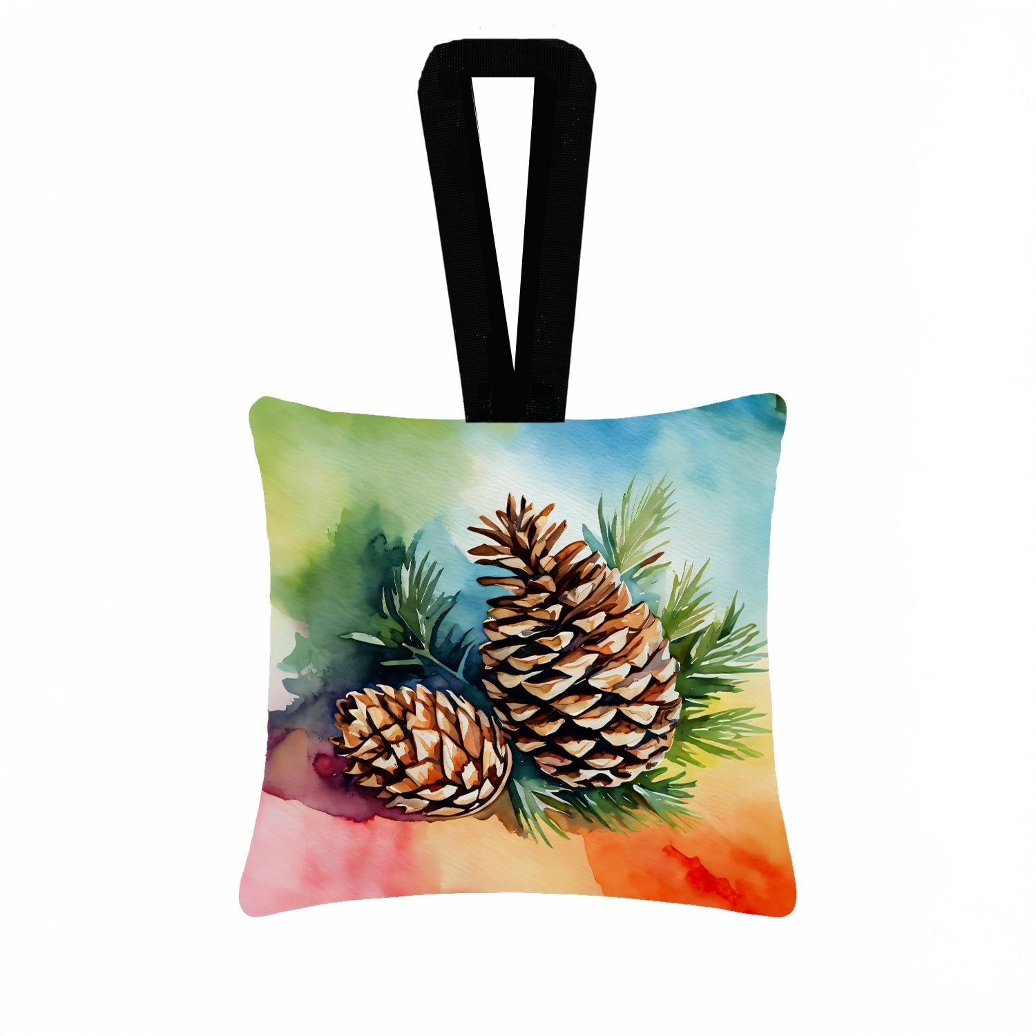 Maine White Pine Cone and Tassels in Watercolor Hanging Square Fabric Ornament 3.5 × 3.5 Decorative Door-Knob & Tree Hanger, Soft Fabric
