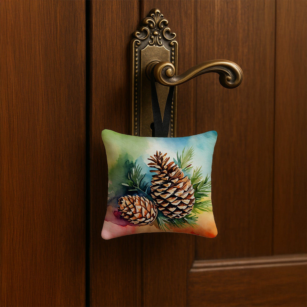 Maine White Pine Cone and Tassels in Watercolor Hanging Square Fabric Ornament 3.5 × 3.5 Decorative Door-Knob & Tree Hanger, Soft Fabric