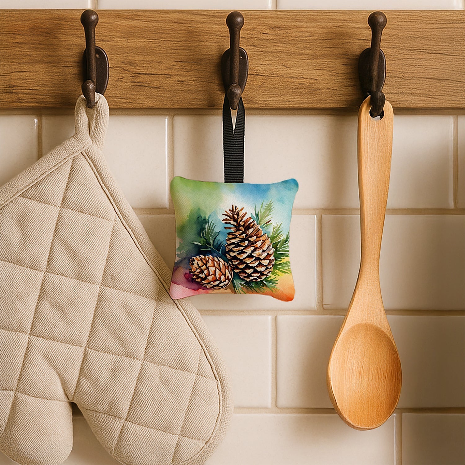 Maine White Pine Cone and Tassels in Watercolor Hanging Square Fabric Ornament 3.5 × 3.5 Decorative Door-Knob & Tree Hanger, Soft Fabric