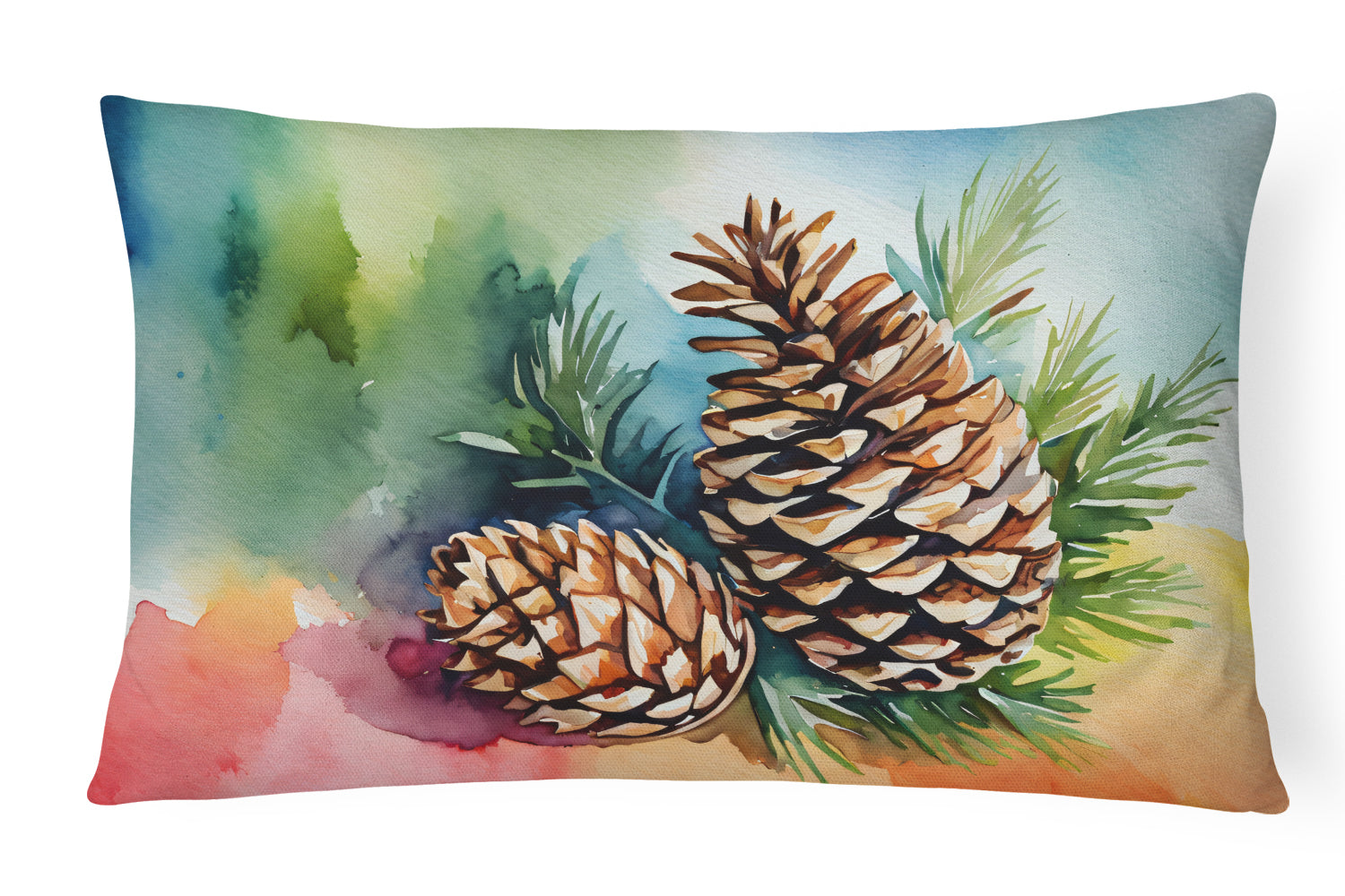 Maine White Pine Cone and Tassels in Watercolor Decorative Throw Pillow 12x16 Indoor Outdoor Accent Cushion, Fabric Cover with Insert for Sofa, Bed, Porch & Living Room