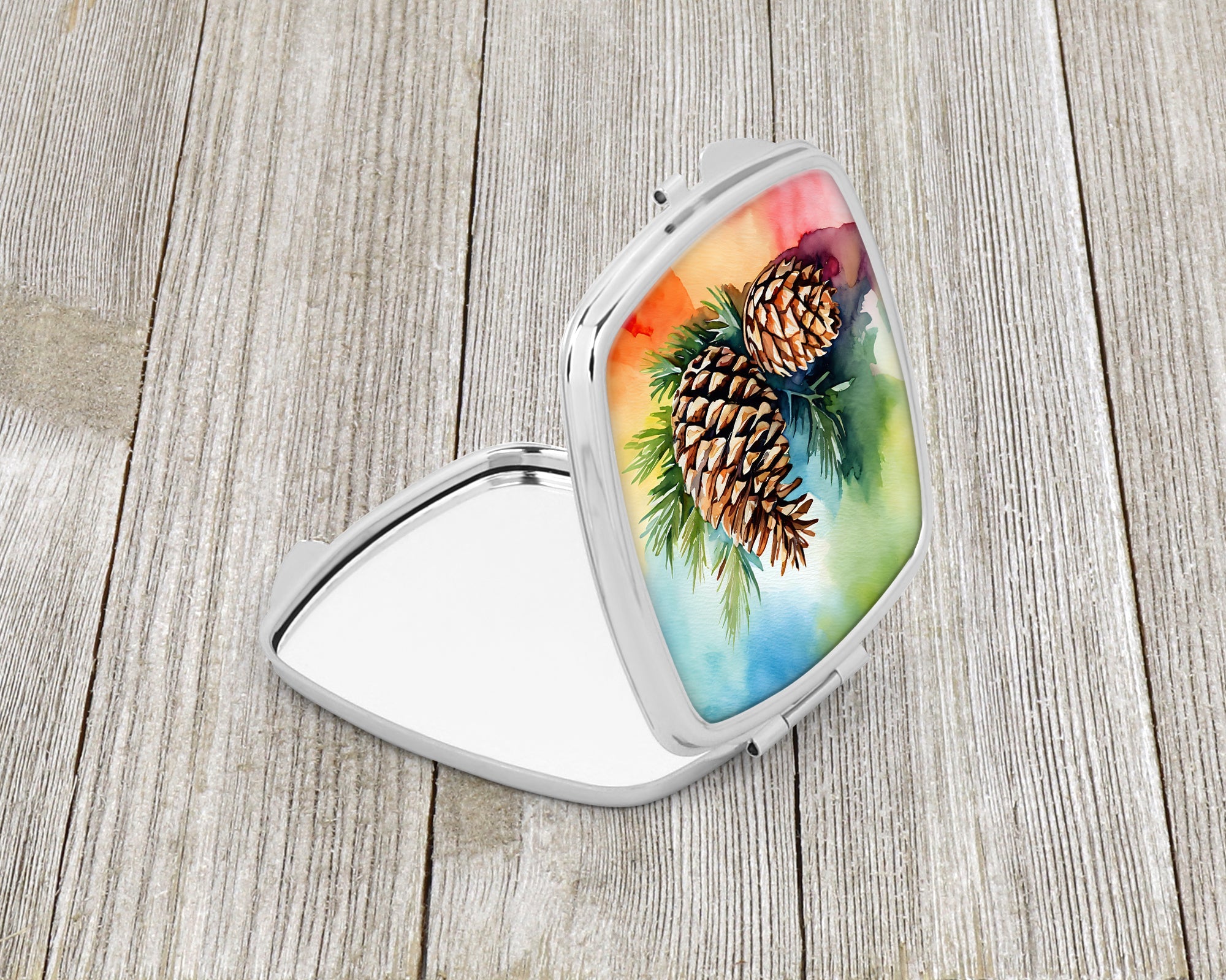Maine White Pine Cone and Tassels in Watercolor Compact Mirror Decorative Travel Makeup Mirror for Women Girls Gifts Pocket Makeup Mirror Folding Handheld
