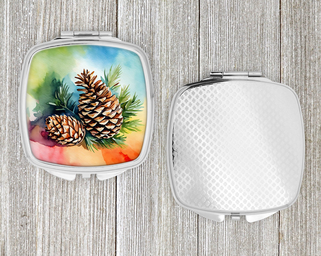 Maine White Pine Cone and Tassels in Watercolor Compact Mirror Decorative Travel Makeup Mirror for Women Girls Gifts Pocket Makeup Mirror Folding Handheld