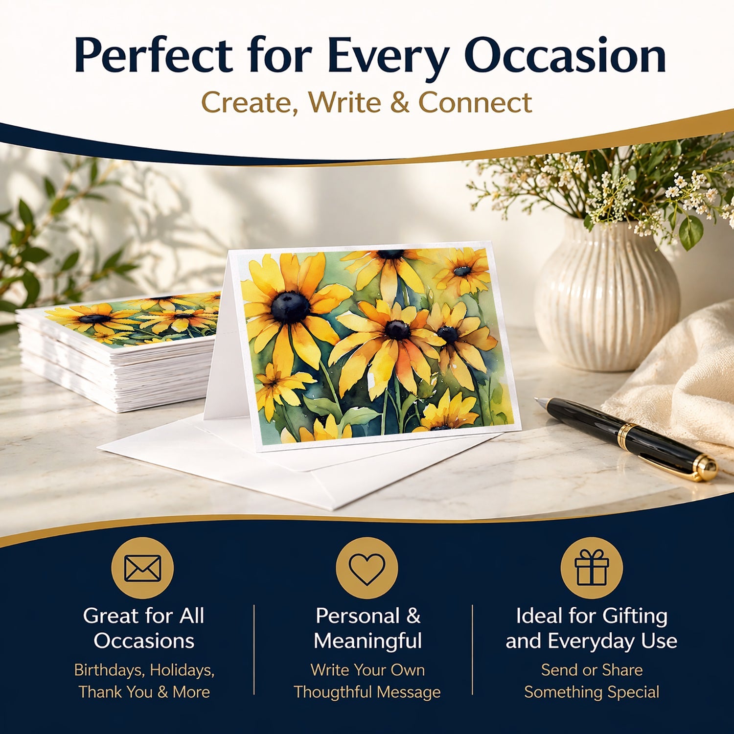 Maryland Black-Eyed Susans in Watercolor Greeting Cards Pack of 8 Blank Cards with Envelopes Whimsical A7 Size 5x7