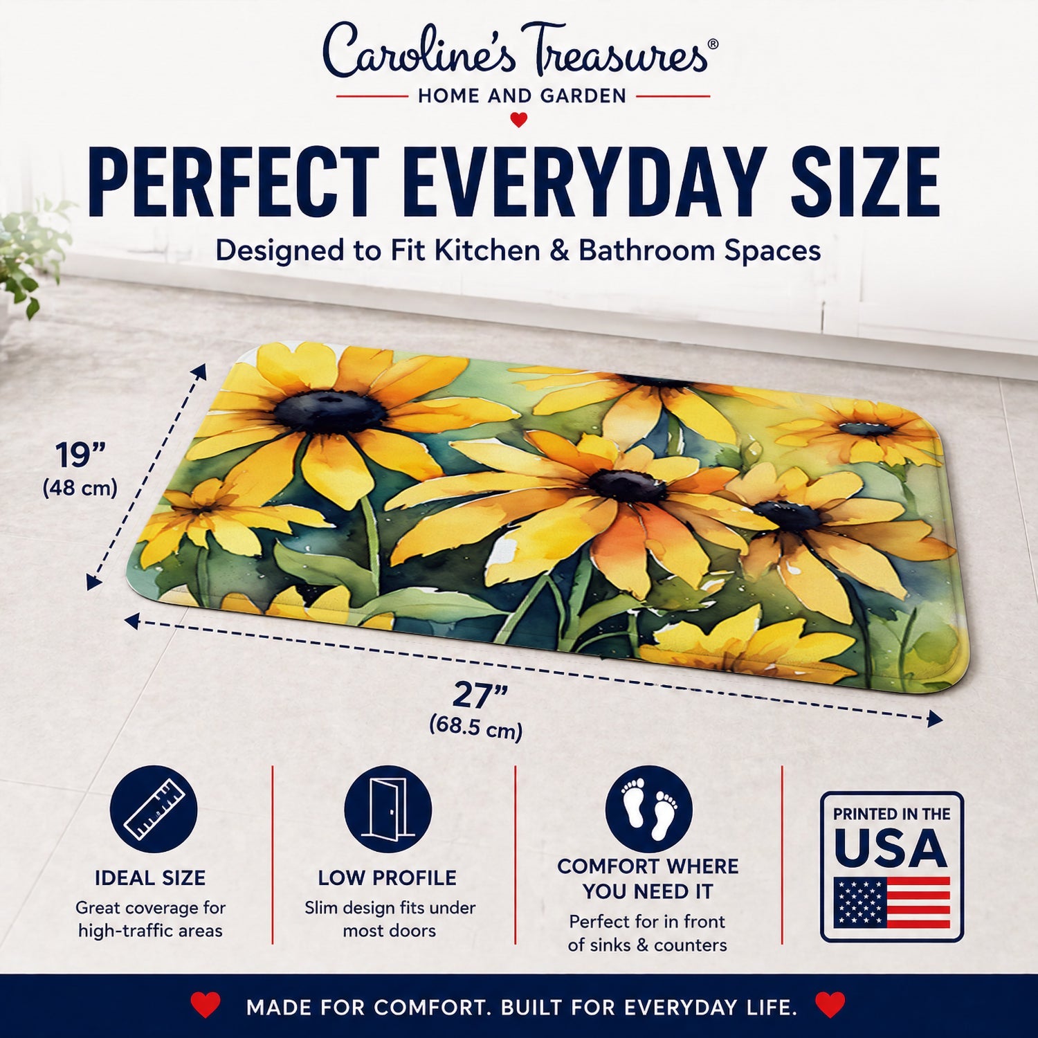 Maryland Black-Eyed Susans in Watercolor Memory Foam Kitchen Mat Machine Washable Anti-Fatigue Cushion Comfort Bath or Kitchen Rug