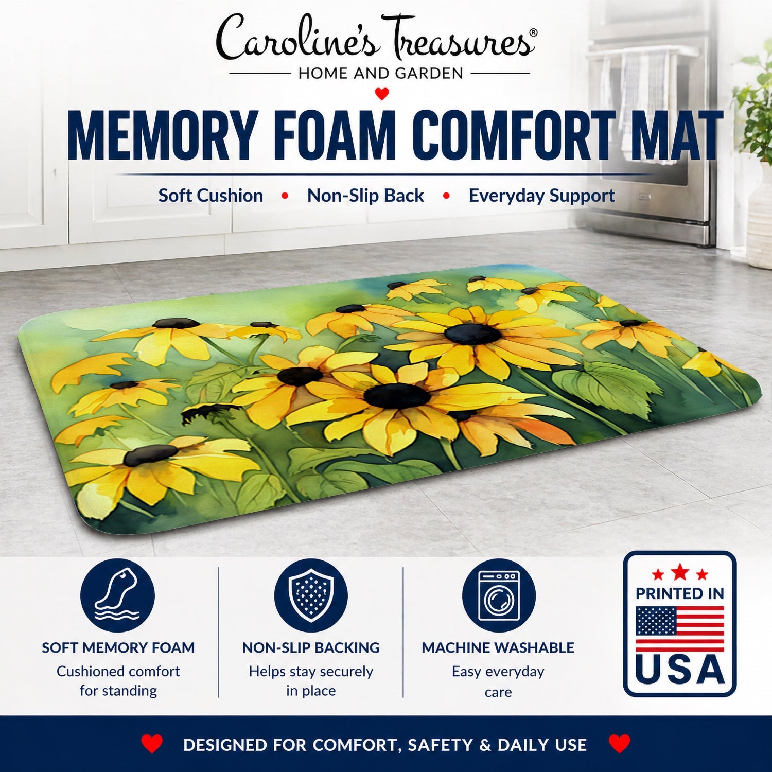 Maryland Black-Eyed Susans in Watercolor Memory Foam Kitchen Mat Machine Washable Anti-Fatigue Cushion Comfort Bath or Kitchen Rug