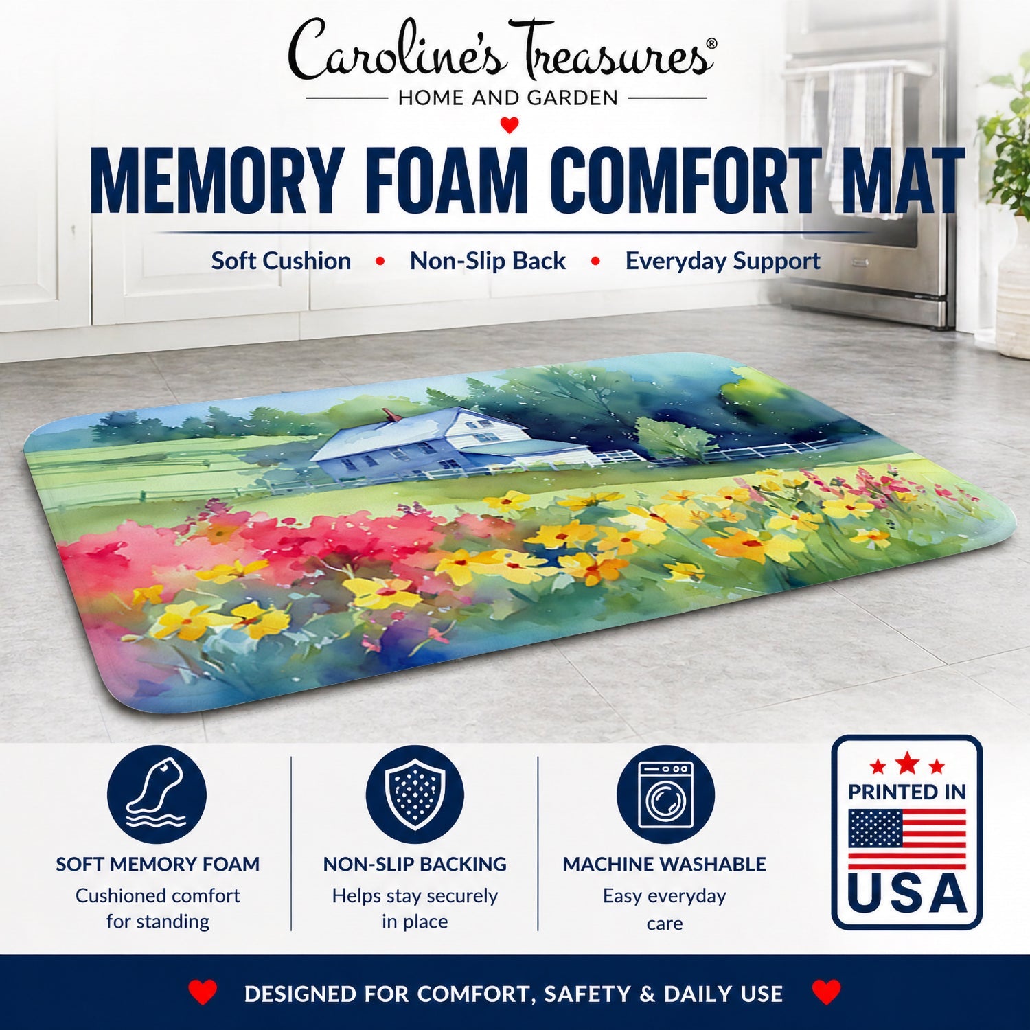 Massachusetts Mayflowers in Watercolor Memory Foam Kitchen Mat Machine Washable Anti-Fatigue Cushion Comfort Bath or Kitchen Rug