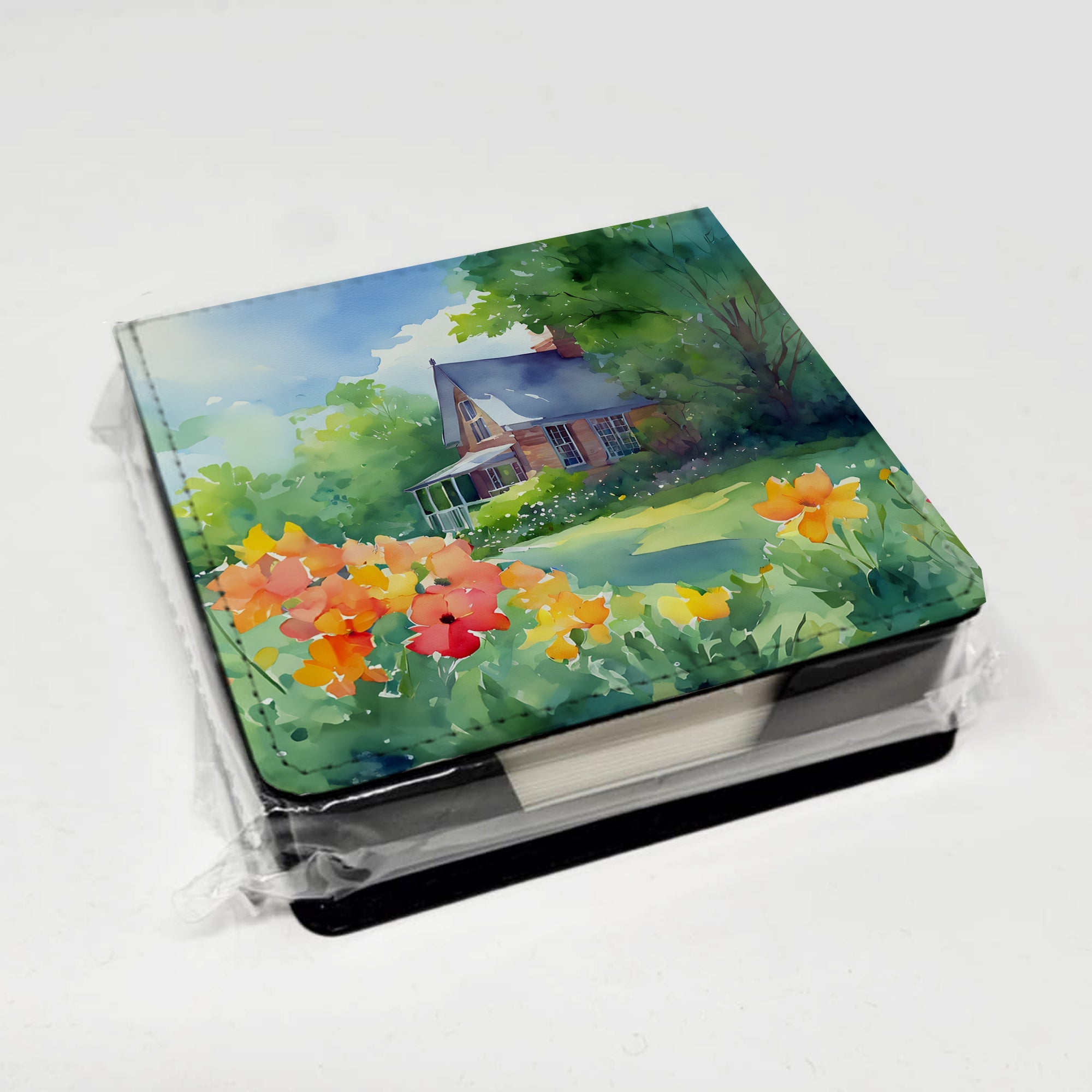 Massachusetts Mayflowers in Watercolor PU Leather Note Paper Holder with Artist-Designed Cover, Desk Accessory, Office Gift