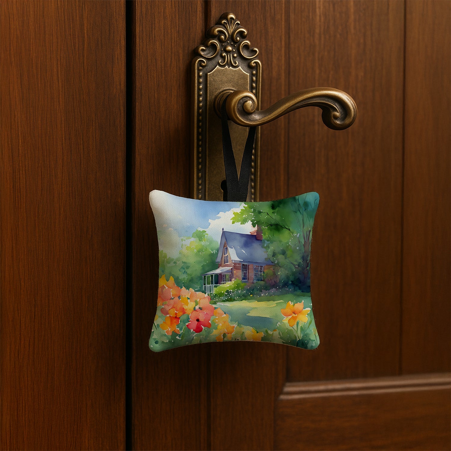 Massachusetts Mayflowers in Watercolor Hanging Square Fabric Ornament 3.5 × 3.5 Decorative Door-Knob & Tree Hanger, Soft Fabric