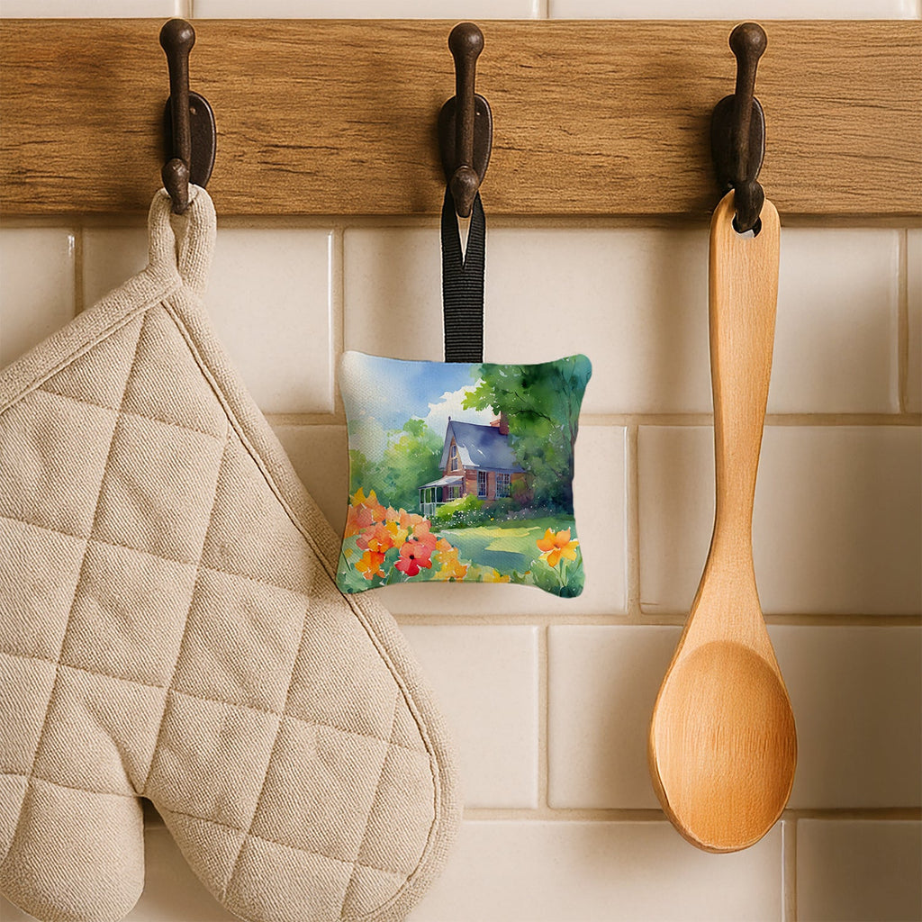 Massachusetts Mayflowers in Watercolor Hanging Square Fabric Ornament 3.5 × 3.5 Decorative Door-Knob & Tree Hanger, Soft Fabric
