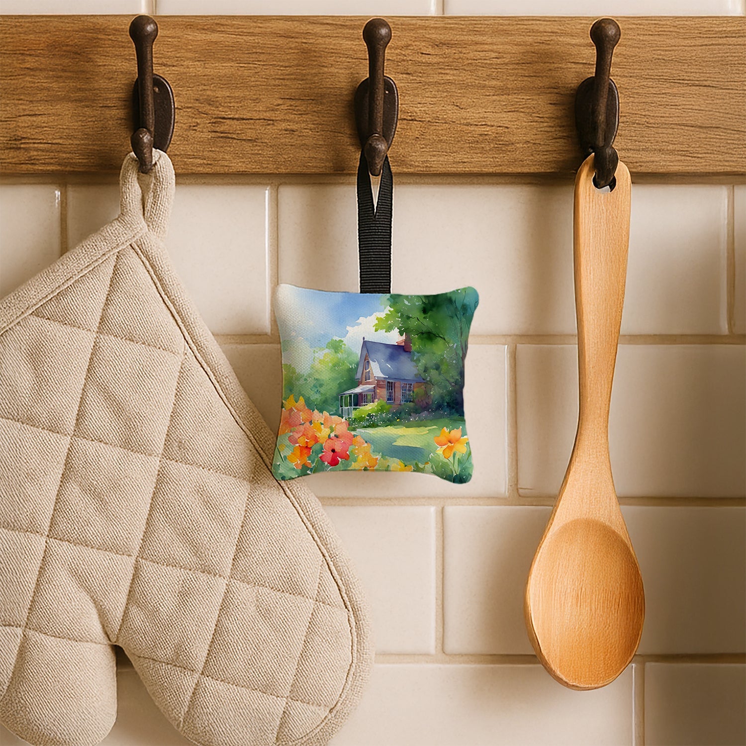 Massachusetts Mayflowers in Watercolor Hanging Square Fabric Ornament 3.5 × 3.5 Decorative Door-Knob & Tree Hanger, Soft Fabric