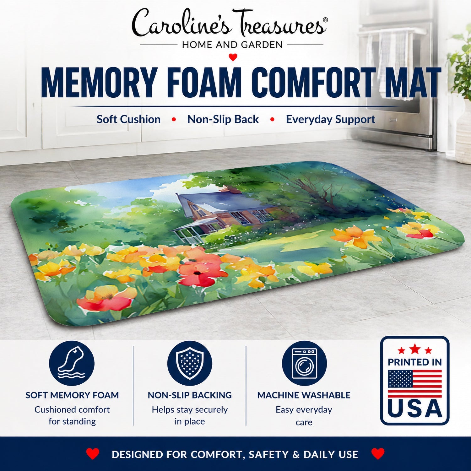 Massachusetts Mayflowers in Watercolor Memory Foam Kitchen Mat Machine Washable Anti-Fatigue Cushion Comfort Bath or Kitchen Rug