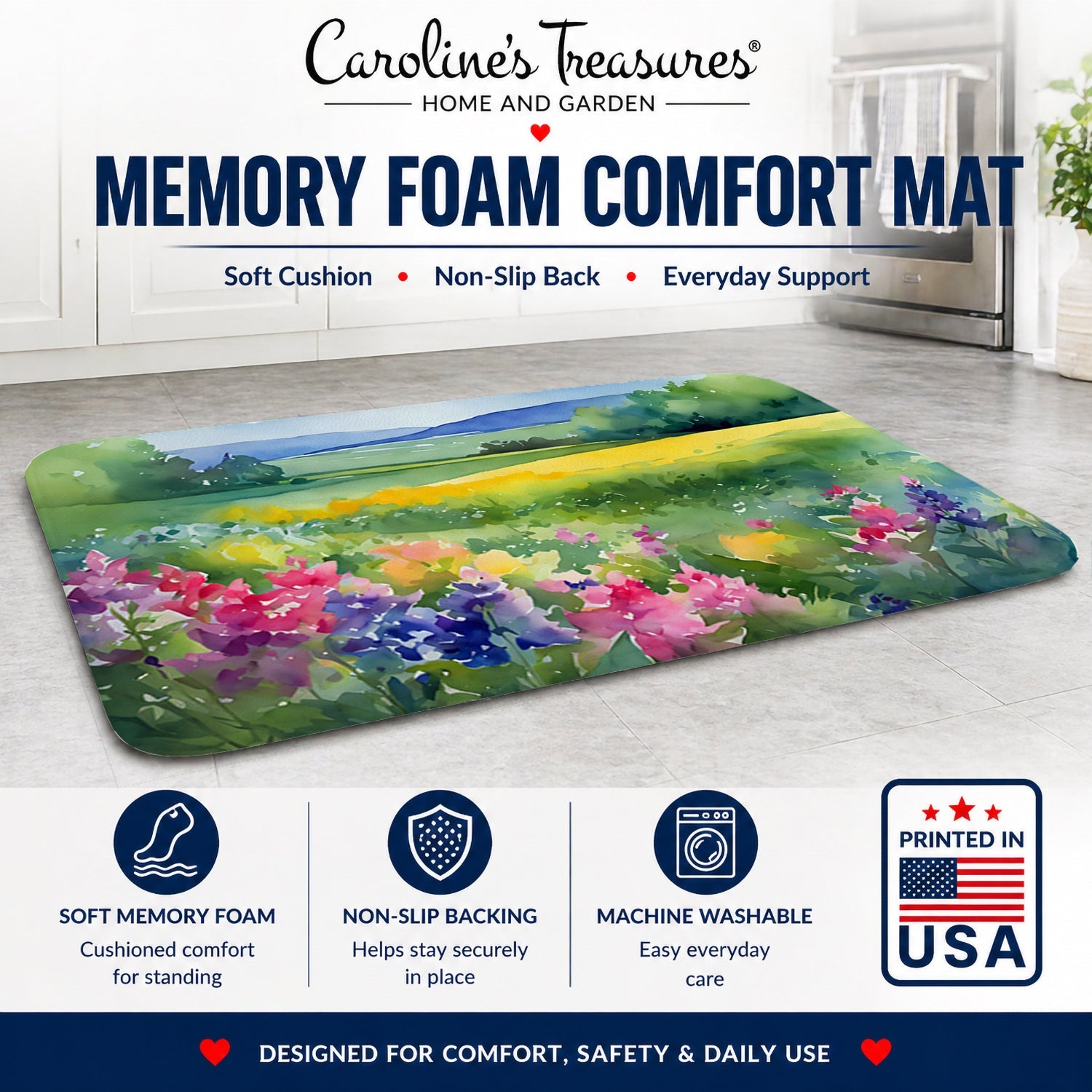 Massachusetts Mayflowers in Watercolor Memory Foam Kitchen Mat Machine Washable Anti-Fatigue Cushion Comfort Bath or Kitchen Rug