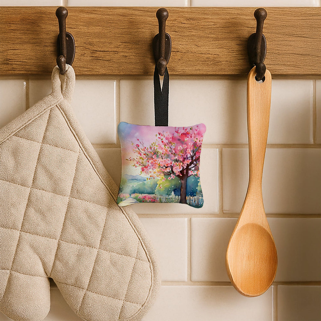 Michigan Apple Blossoms in Watercolor Hanging Square Fabric Ornament 3.5 × 3.5 Decorative Door-Knob & Tree Hanger, Soft Fabric