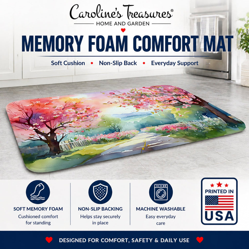 Michigan Apple Blossoms in Watercolor Memory Foam Kitchen Mat Machine Washable Anti-Fatigue Cushion Comfort Bath or Kitchen Rug