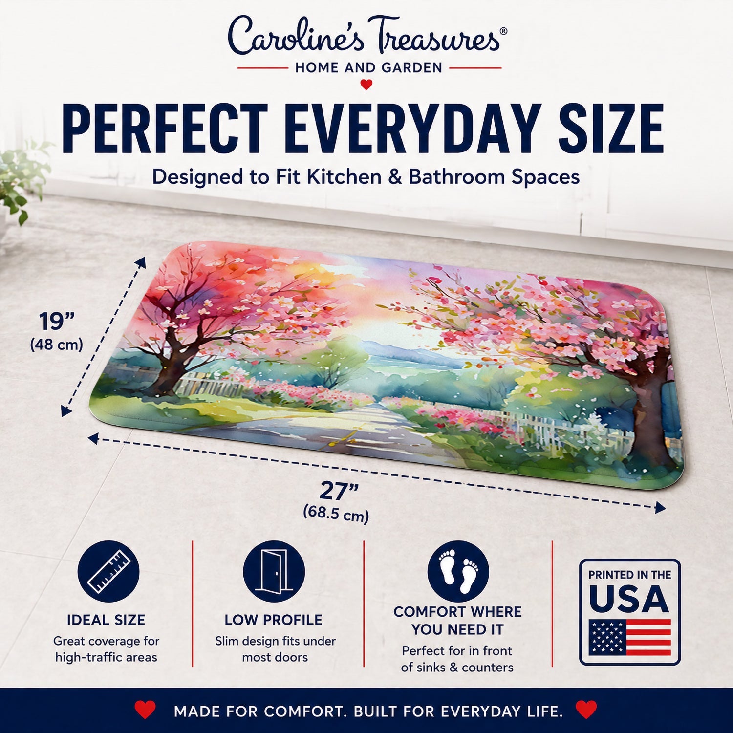 Michigan Apple Blossoms in Watercolor Memory Foam Kitchen Mat Machine Washable Anti-Fatigue Cushion Comfort Bath or Kitchen Rug