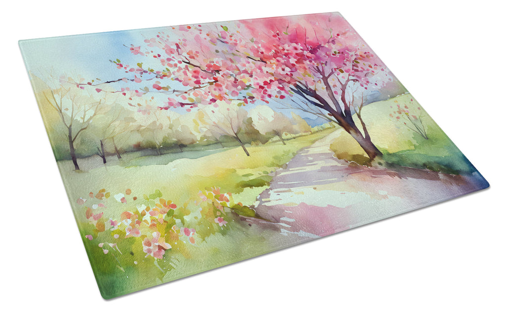 Michigan Apple Blossoms in Watercolor Cutting Board Tempered Glass Kitchen Surface, Heat Resistant Chopping with Non-Slip Feet,Food Prep & Serving