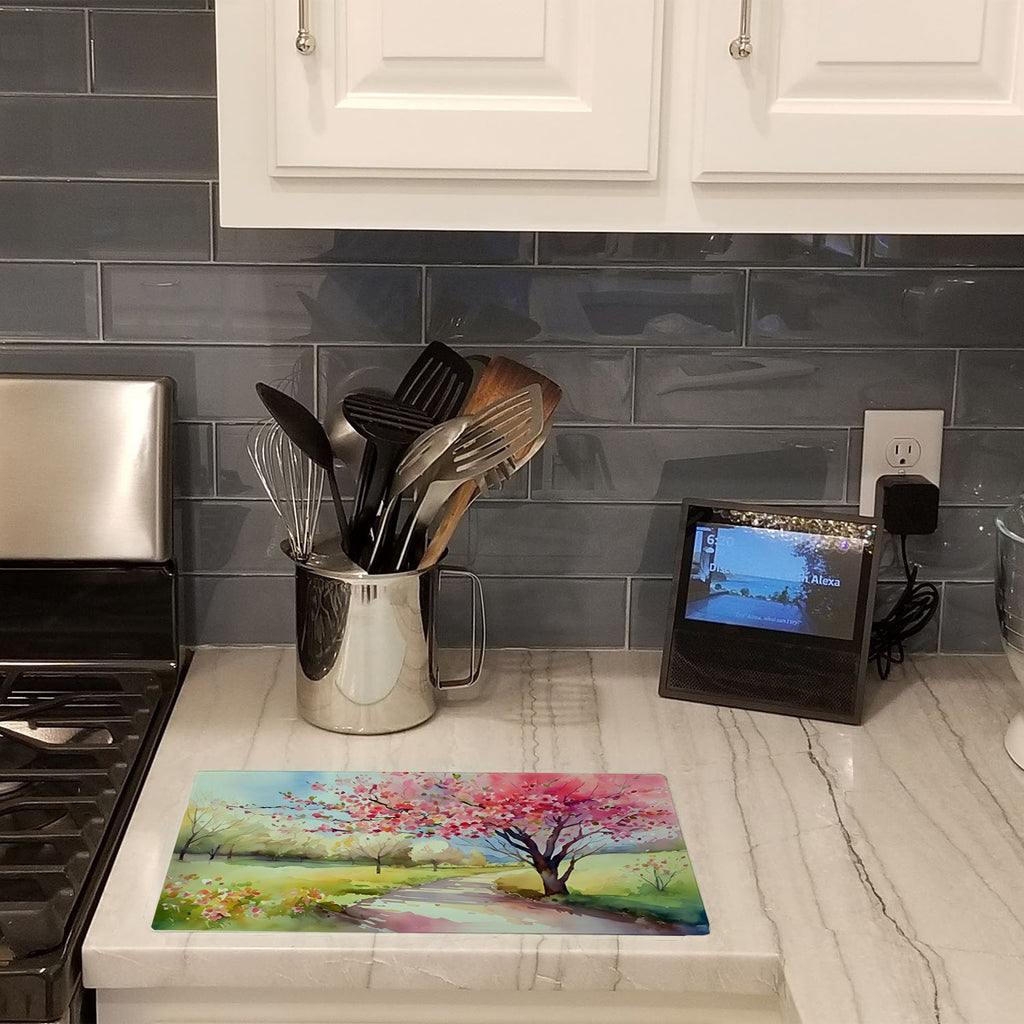 Michigan Apple Blossoms in Watercolor Cutting Board Tempered Glass Kitchen Surface, Heat Resistant Chopping with Non-Slip Feet,Food Prep & Serving