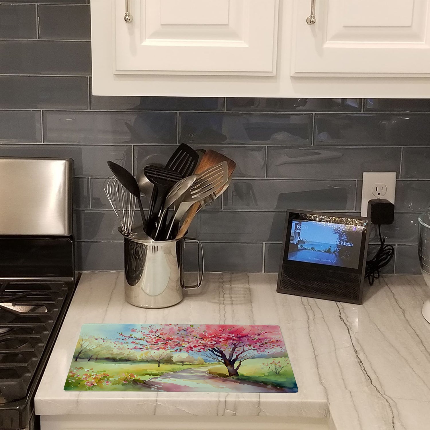 Michigan Apple Blossoms in Watercolor Cutting Board Tempered Glass Kitchen Surface, Heat Resistant Chopping with Non-Slip Feet,Food Prep & Serving
