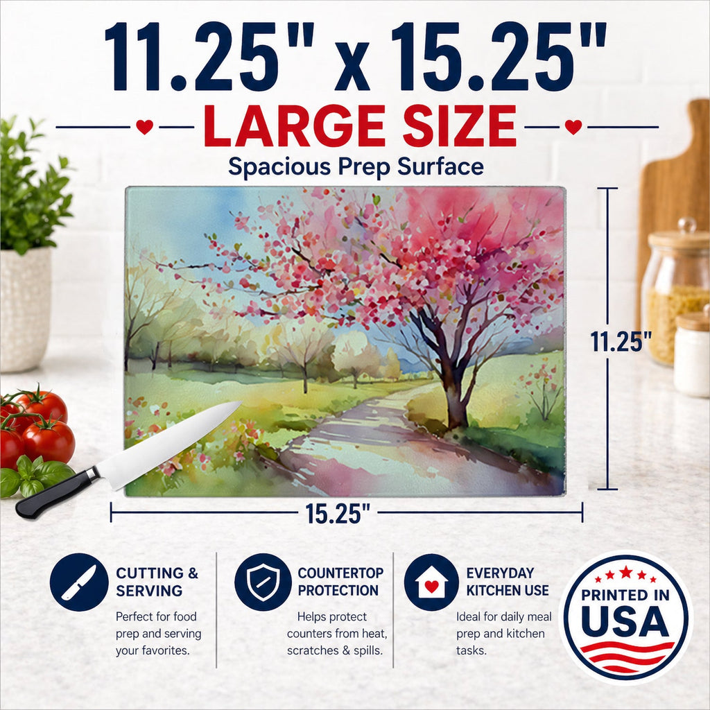 Michigan Apple Blossoms in Watercolor Cutting Board Tempered Glass Kitchen Surface, Heat Resistant Chopping with Non-Slip Feet,Food Prep & Serving
