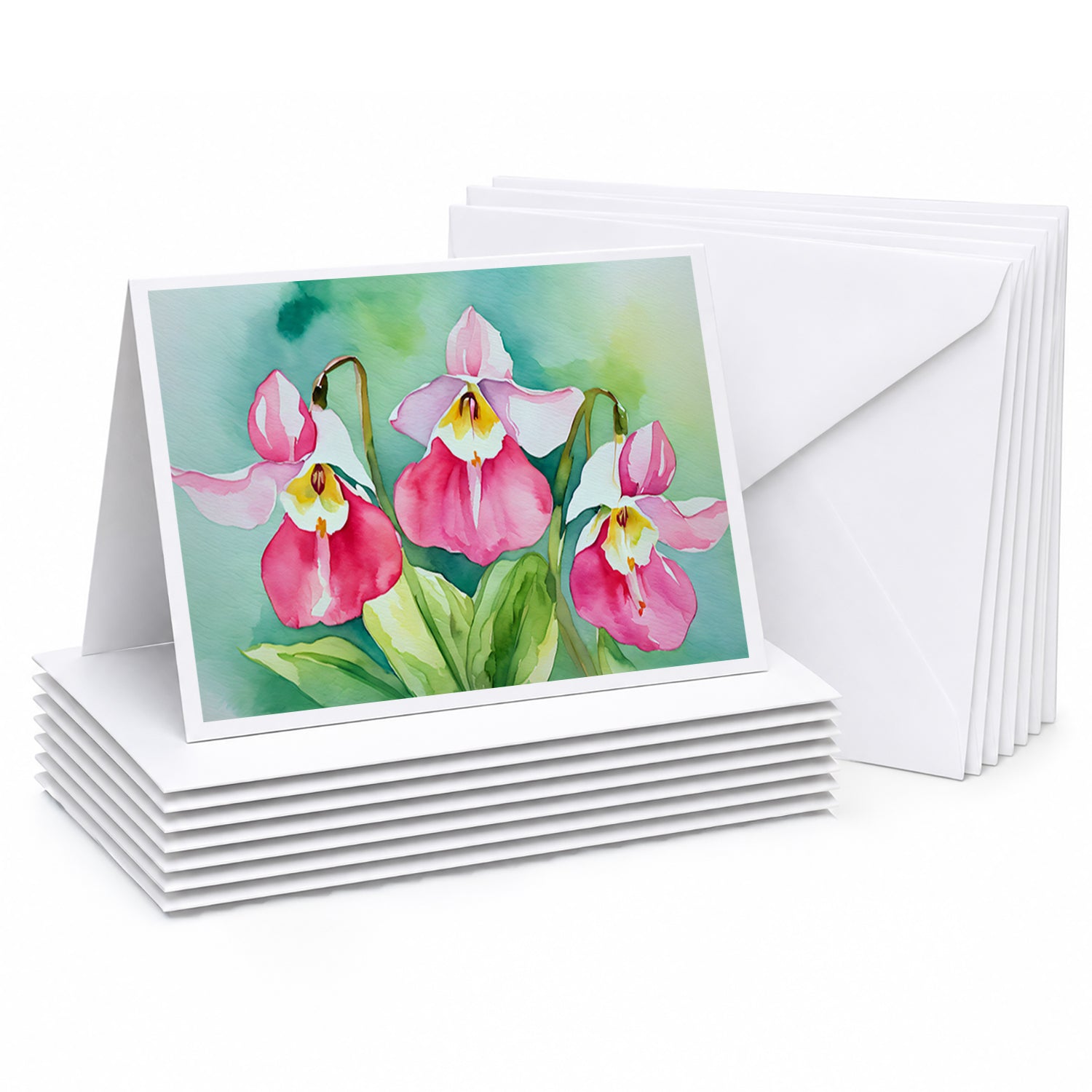 Minnesota Pink and White Lady’s Slippers in Watercolor Greeting Cards Pack of 8 Blank Cards with Envelopes Whimsical A7 Size 5x7
