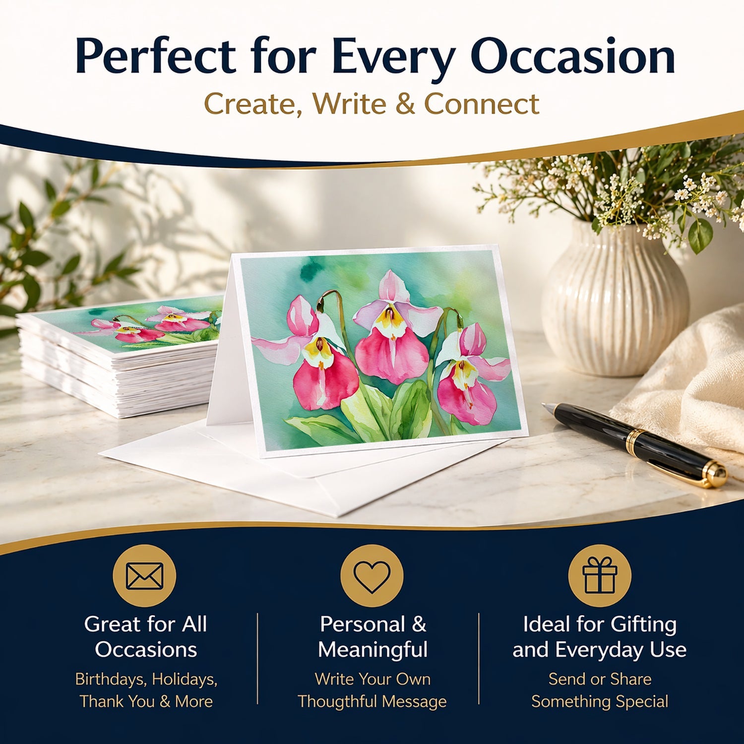 Minnesota Pink and White Lady’s Slippers in Watercolor Greeting Cards Pack of 8 Blank Cards with Envelopes Whimsical A7 Size 5x7