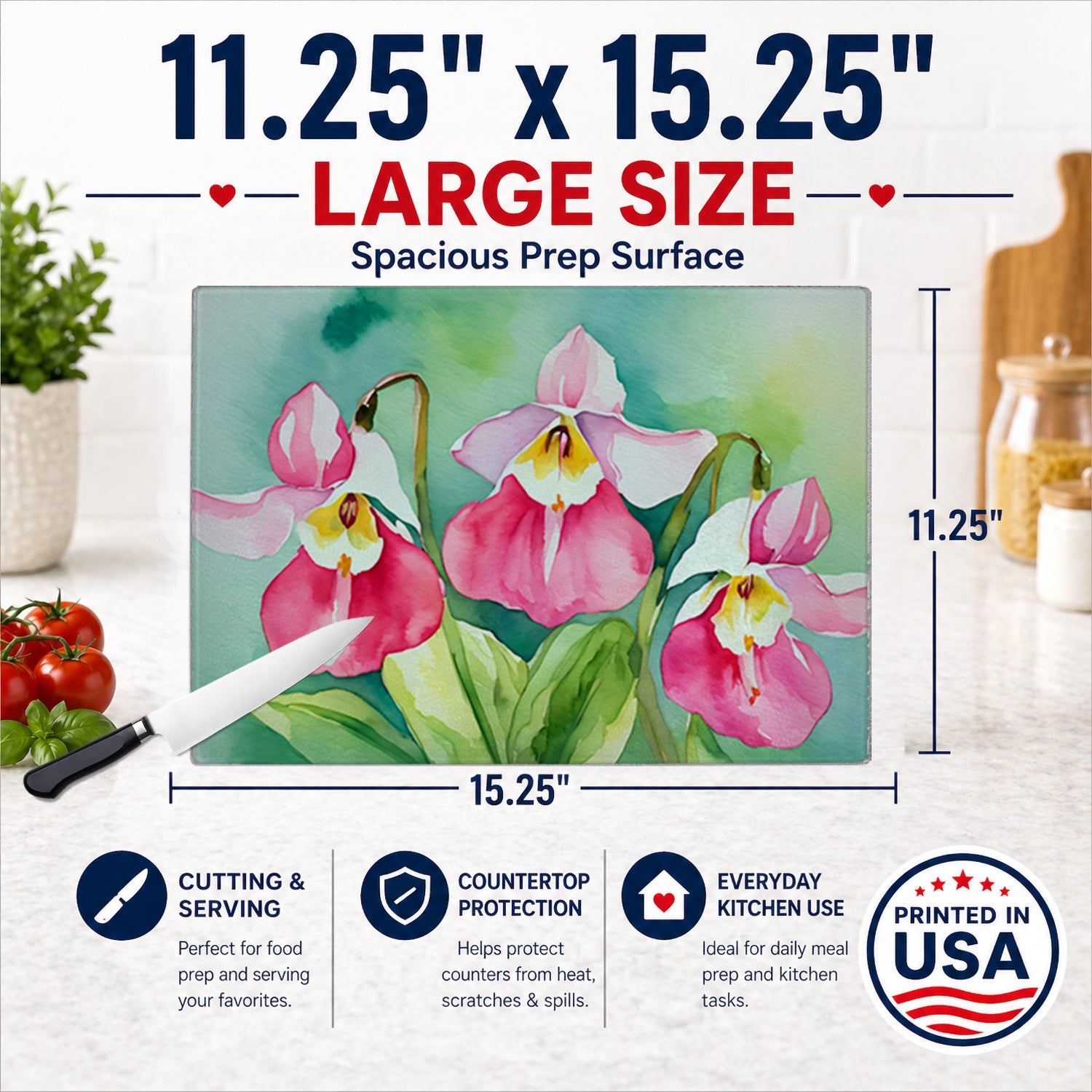 Minnesota Pink and White Lady’s Slippers in Watercolor Cutting Board Tempered Glass Kitchen Cutting Surface, Heat Resistant Chopping, Non-Slip Feet, Food Prep & Serving