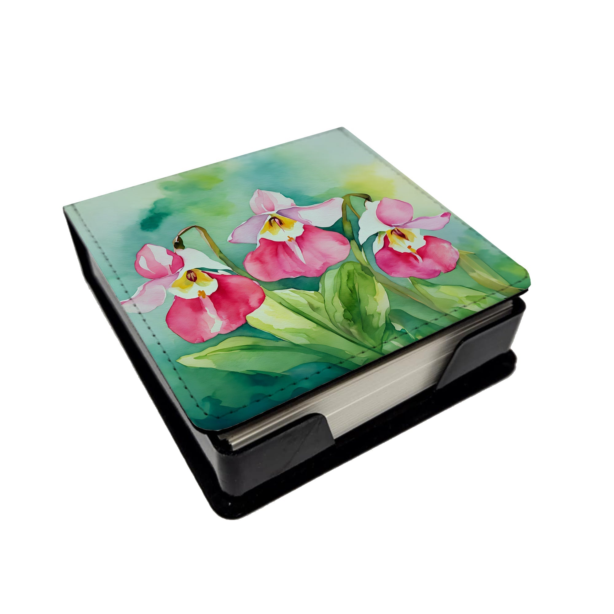 Minnesota Pink and White Lady’s Slippers in Watercolor PU Leather Note Paper Holder with Artist-Designed Cover, Desk Accessory, Office Gift