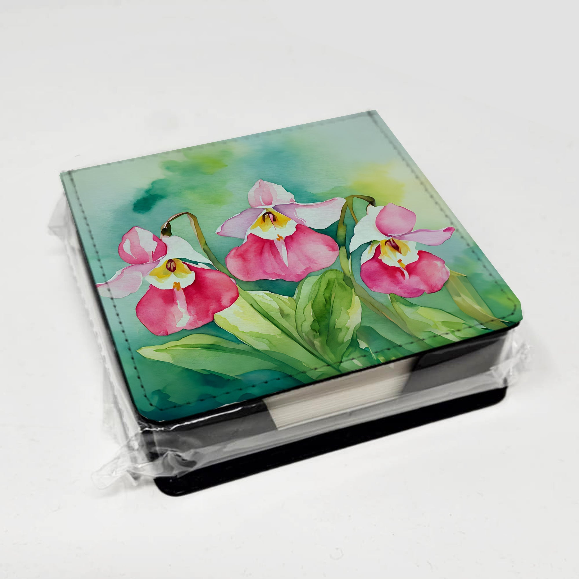 Minnesota Pink and White Lady’s Slippers in Watercolor PU Leather Note Paper Holder with Artist-Designed Cover, Desk Accessory, Office Gift