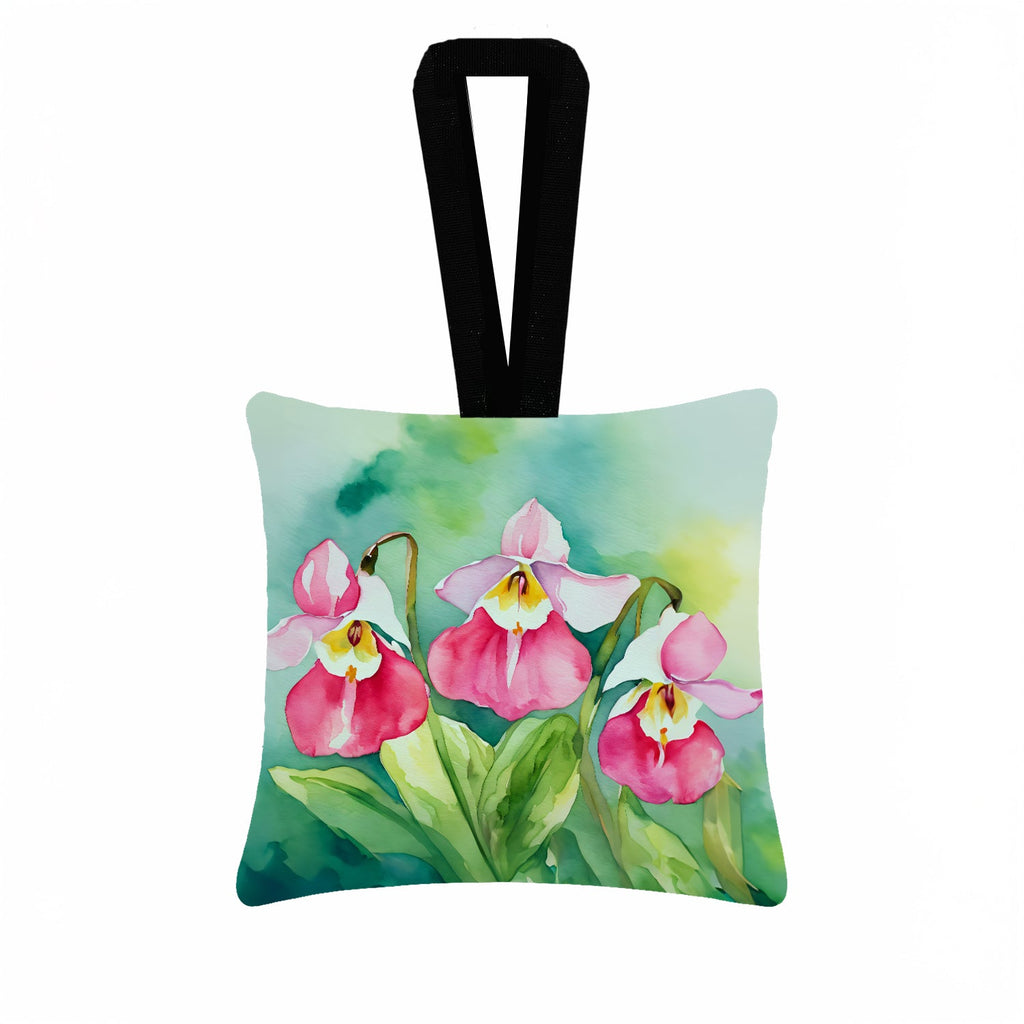 Minnesota Pink and White Lady’s Slippers in Watercolor Hanging Square Fabric Ornament 3.5 × 3.5 Decorative Door-Knob & Tree Hanger, Soft Fabric