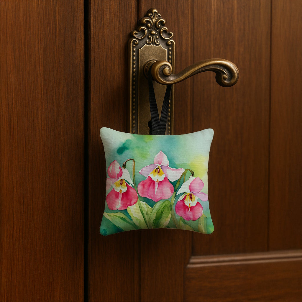 Minnesota Pink and White Lady’s Slippers in Watercolor Hanging Square Fabric Ornament 3.5 × 3.5 Decorative Door-Knob & Tree Hanger, Soft Fabric