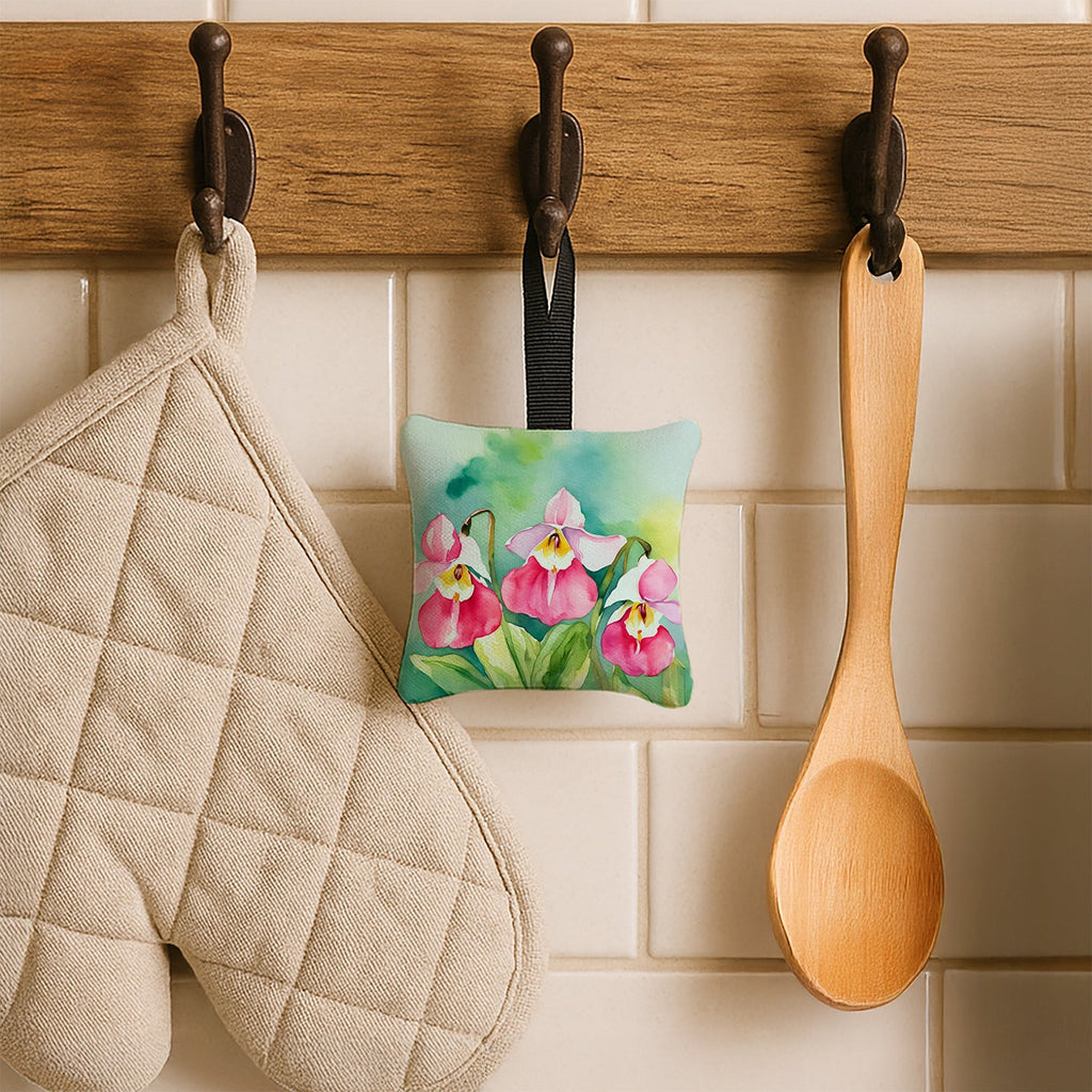 Minnesota Pink and White Lady’s Slippers in Watercolor Hanging Square Fabric Ornament 3.5 × 3.5 Decorative Door-Knob & Tree Hanger, Soft Fabric