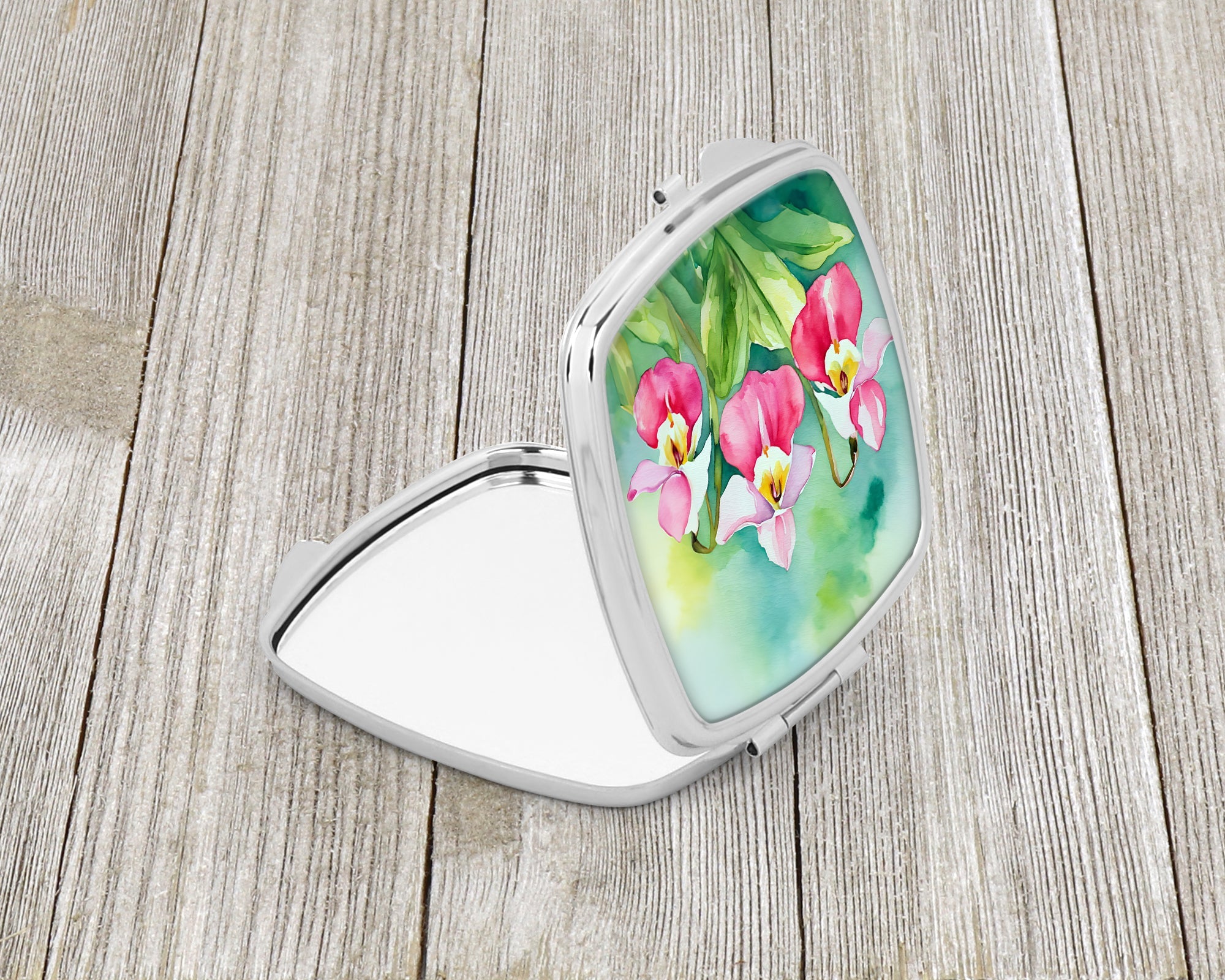 Minnesota Pink and White Lady’s Slippers in Watercolor Compact Mirror Decorative Travel Makeup Mirror for Women Girls Gifts Pocket Makeup Mirror Folding Handheld