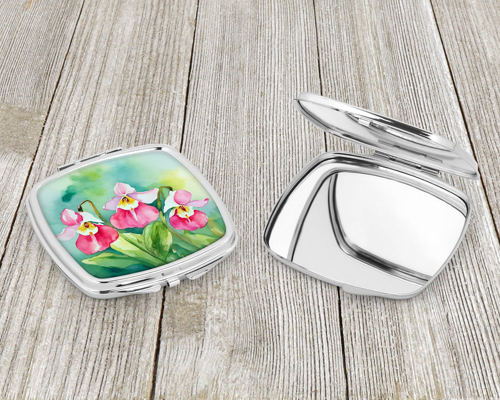 Minnesota Pink and White Lady’s Slippers in Watercolor Compact Mirror Decorative Travel Makeup Mirror for Women Girls Gifts Pocket Makeup Mirror Folding Handheld