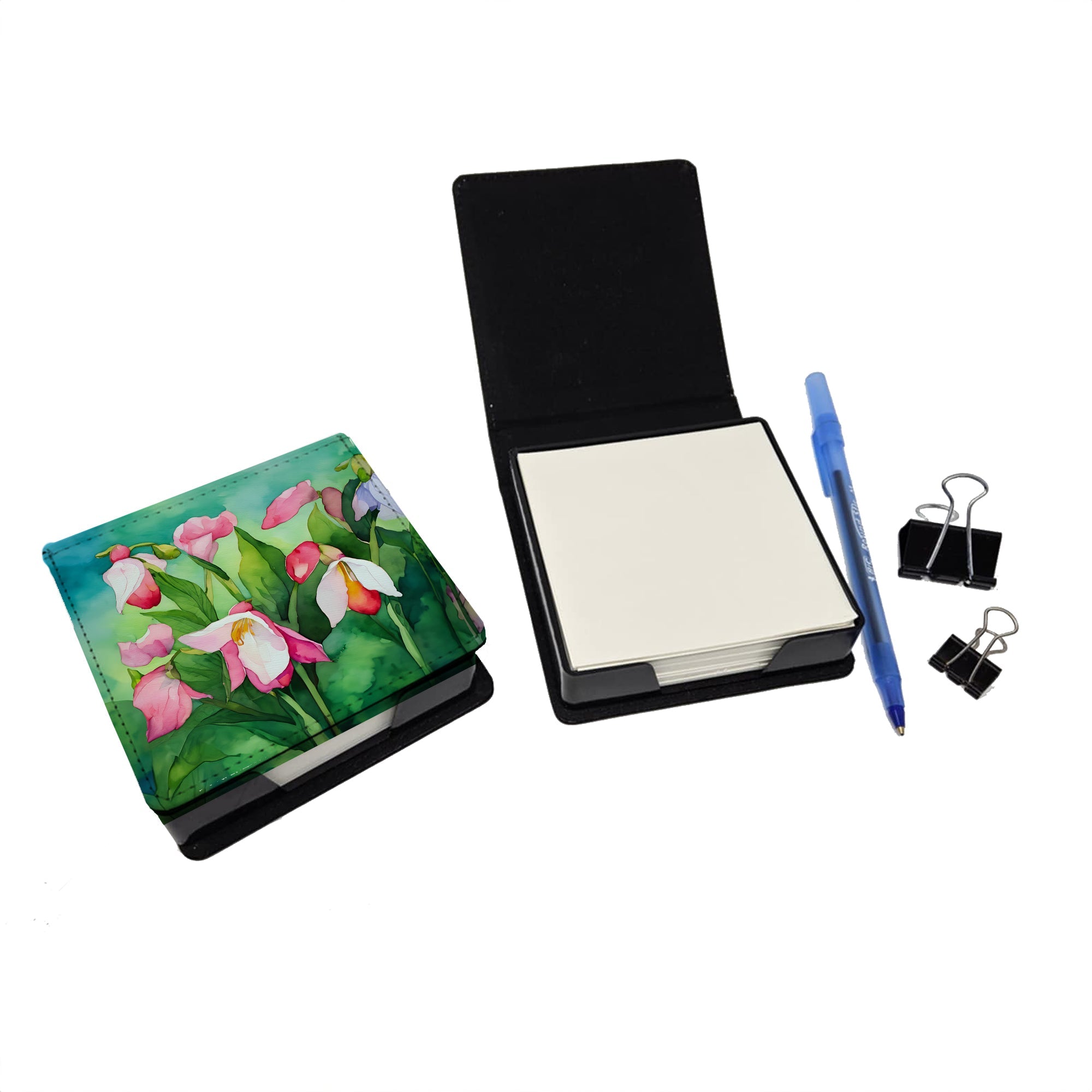 Minnesota Pink and White Lady’s Slippers in Watercolor PU Leather Note Paper Holder with Artist-Designed Cover, Desk Accessory, Office Gift
