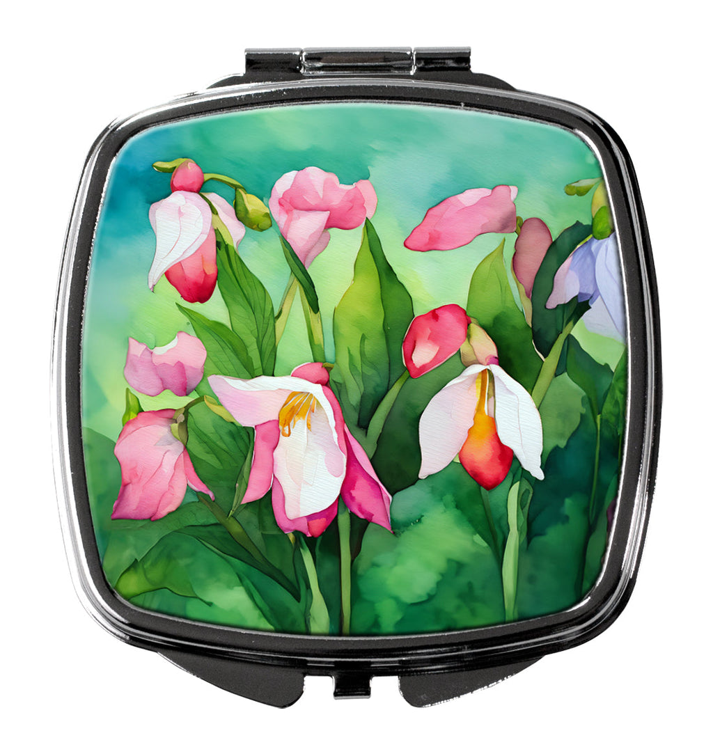 Minnesota Pink and White Lady’s Slippers in Watercolor Compact Mirror Decorative Travel Makeup Mirror for Women Girls Gifts Pocket Makeup Mirror Folding Handheld