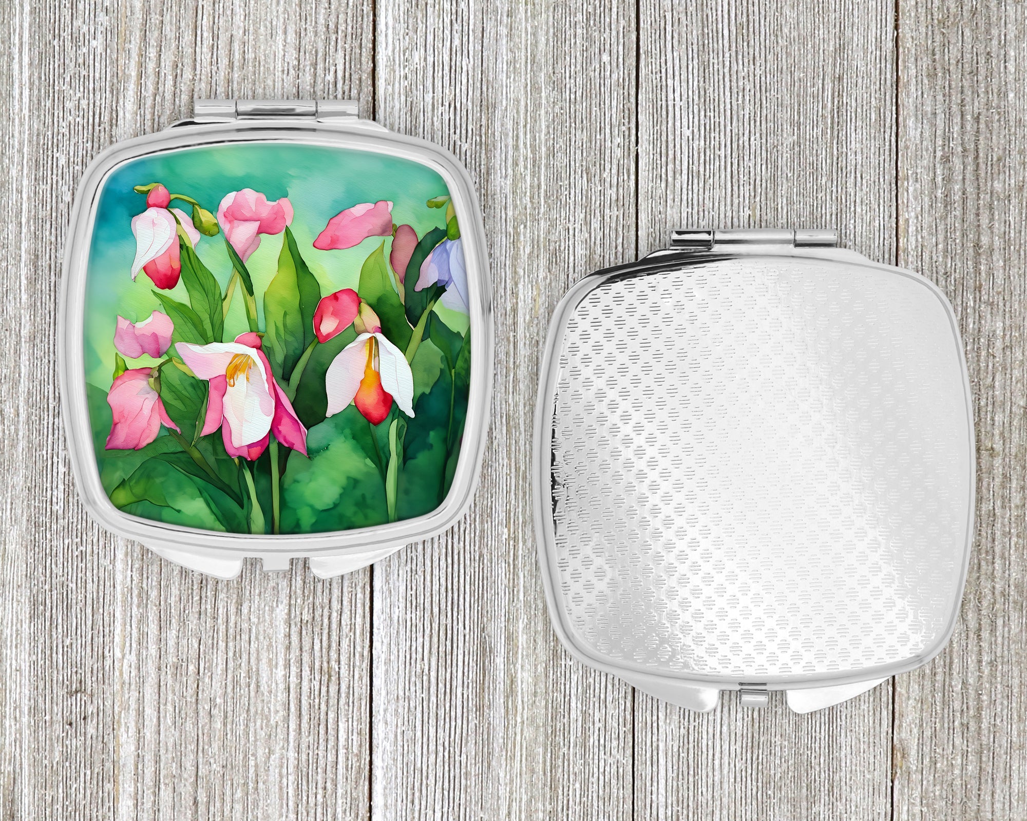 Minnesota Pink and White Lady’s Slippers in Watercolor Compact Mirror Decorative Travel Makeup Mirror for Women Girls Gifts Pocket Makeup Mirror Folding Handheld